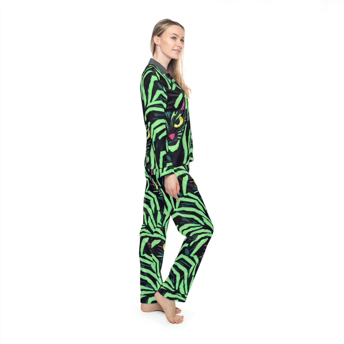 Yellow Eyed Cat Pajamas Set Women, Green Pattern Satin Pajamas, Cat Clothing Animal Pajamas, Pjs for Women Clothing Set, Night Wear