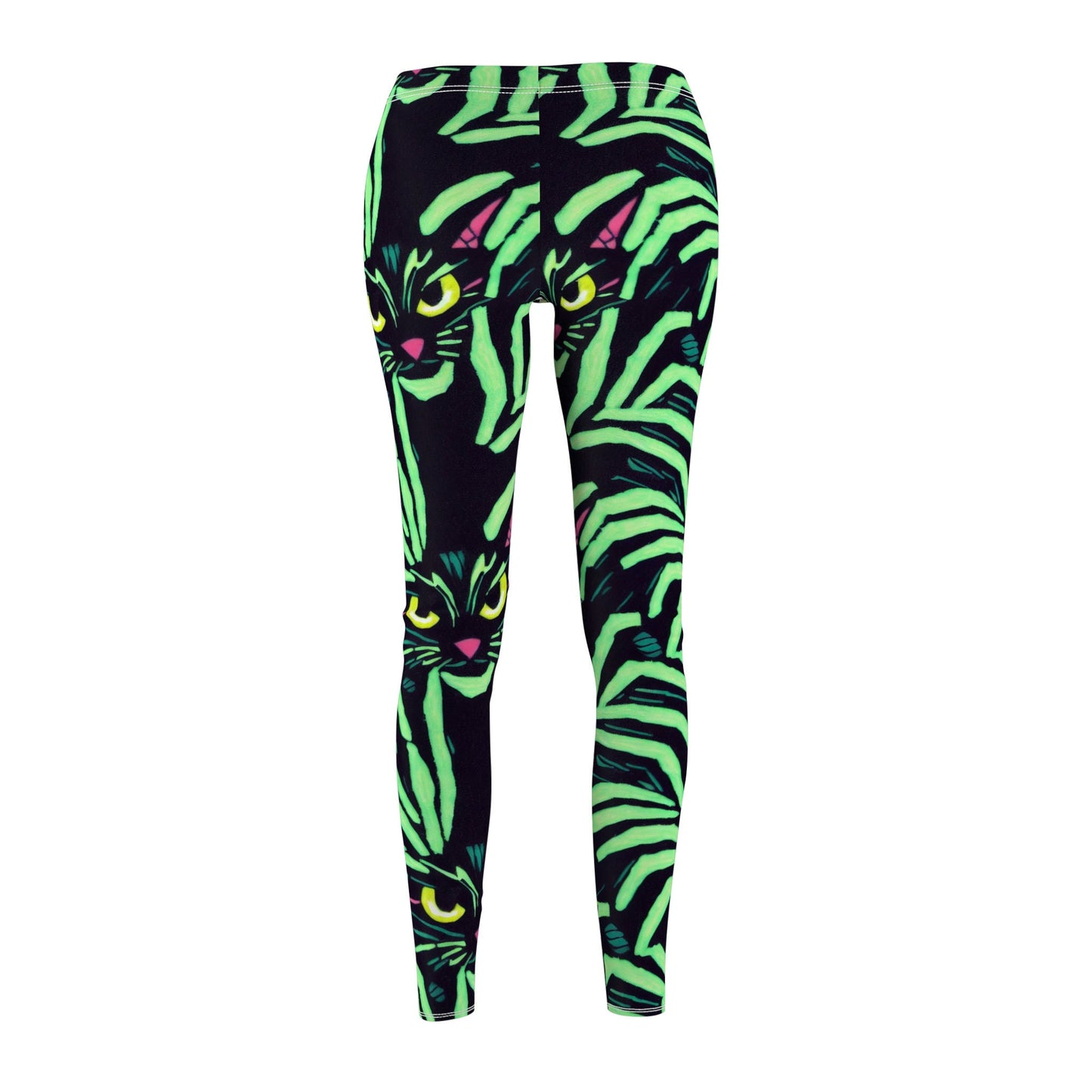 Yellow Eyed Cat Leggings, Spooky Leggings, Green Pattern Leggings, Cut & Sew Workout Leggings for Women, Fitness Leggings