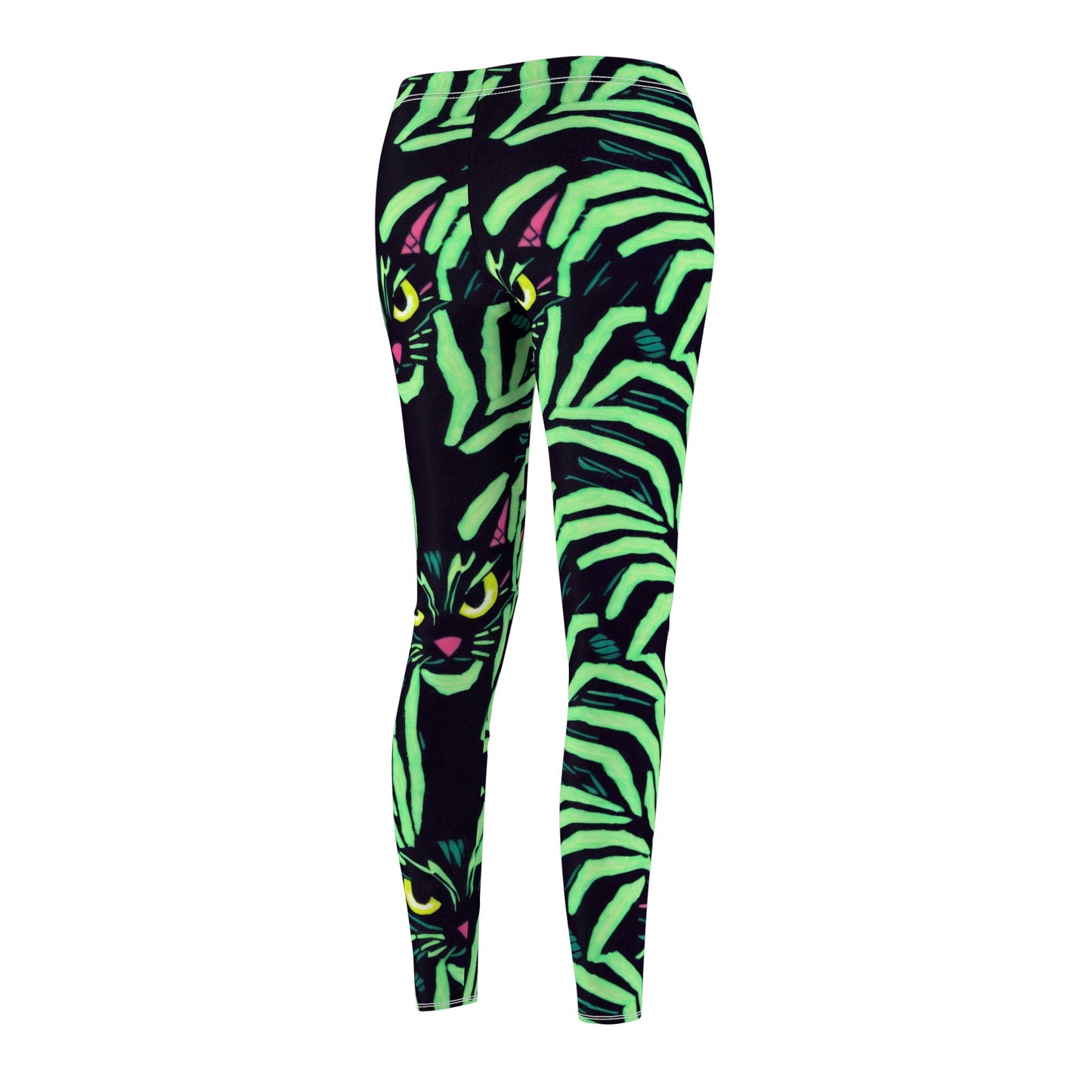 Yellow Eyed Cat Leggings, Spooky Leggings, Green Pattern Leggings, Cut & Sew Workout Leggings for Women, Fitness Leggings