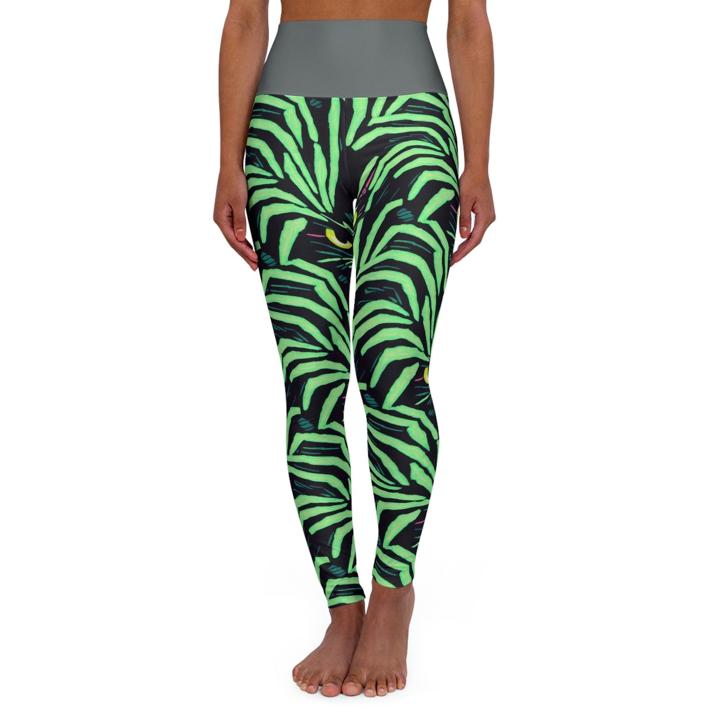 Yellow Eyed Cat Leggings, Green Pattern Leggings, Spooky Leggings, Workout Leggings for Women, Fitness Leggings