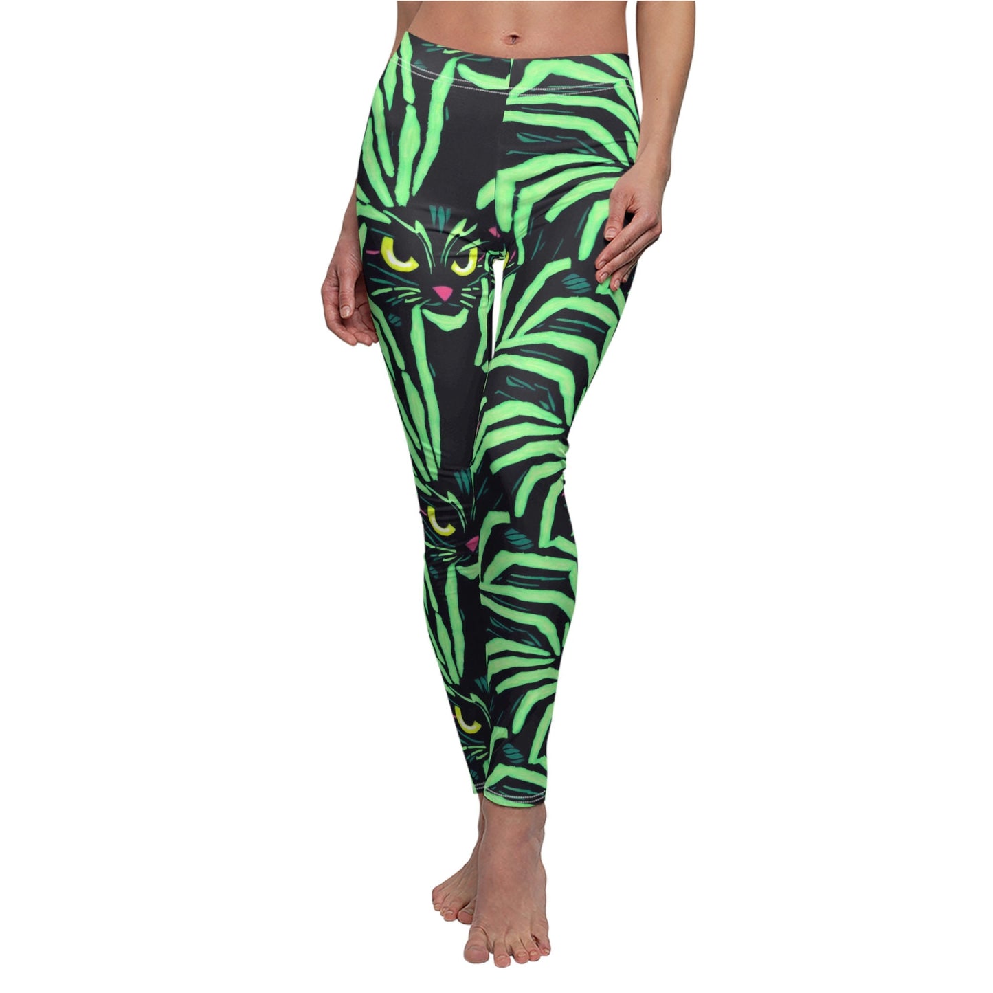 Yellow Eyed Cat Leggings, Spooky Leggings, Green Pattern Leggings, Cut & Sew Workout Leggings for Women, Fitness Leggings