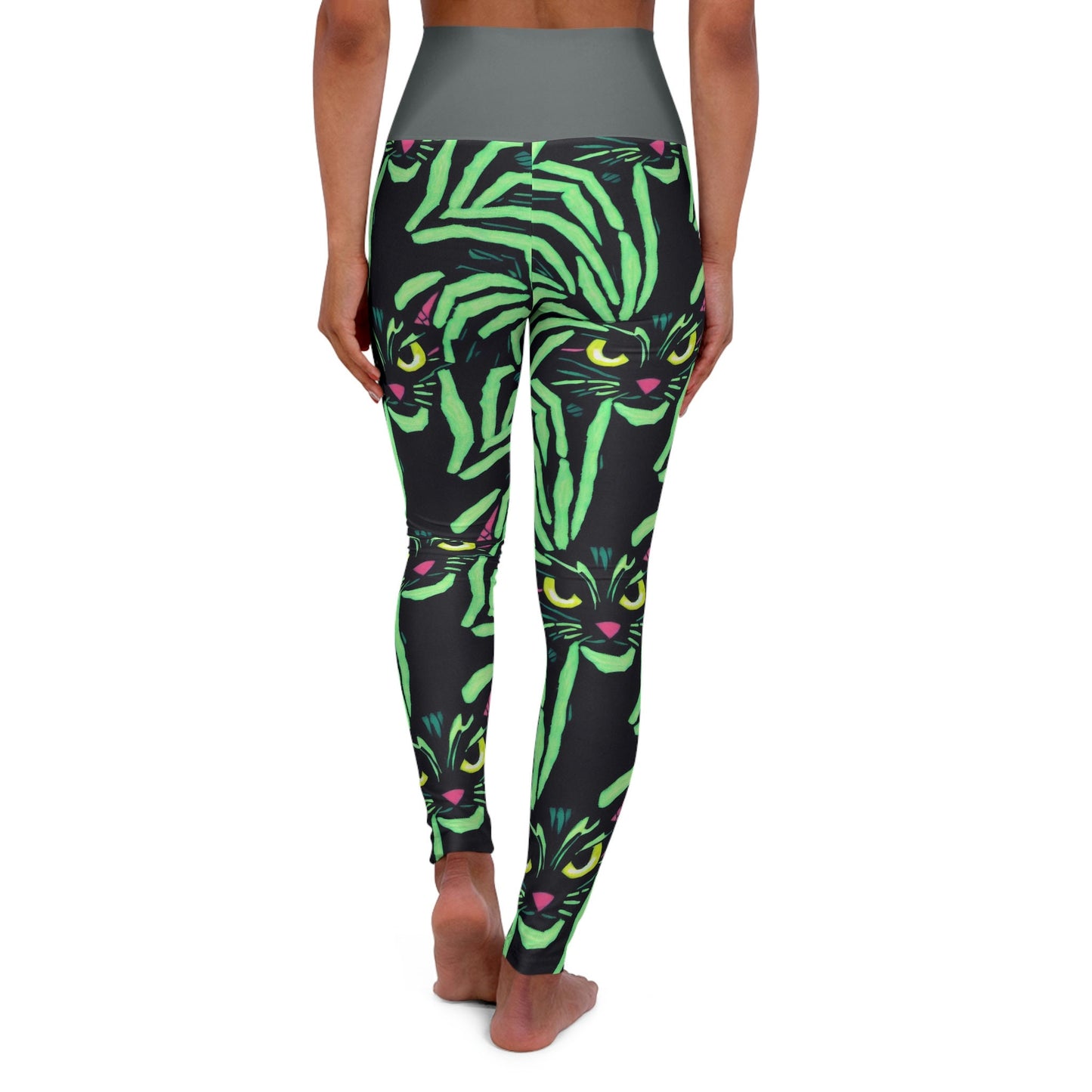 Yellow Eyed Cat Leggings, Green Pattern Leggings, Spooky Leggings, Workout Leggings for Women, Fitness Leggings