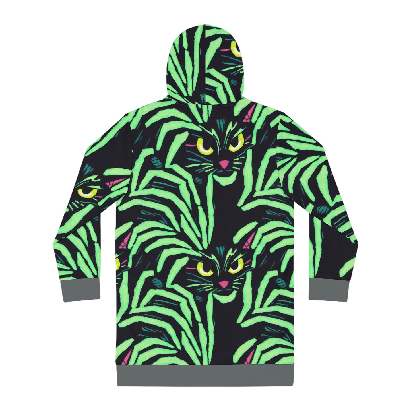 Yellow Eyed Cat Hoodie Dress, Spooky Cat Womens Hoodie Dress, Aesthetic Animal Green Hoodie, Winter Clothing Cat Lover Gift