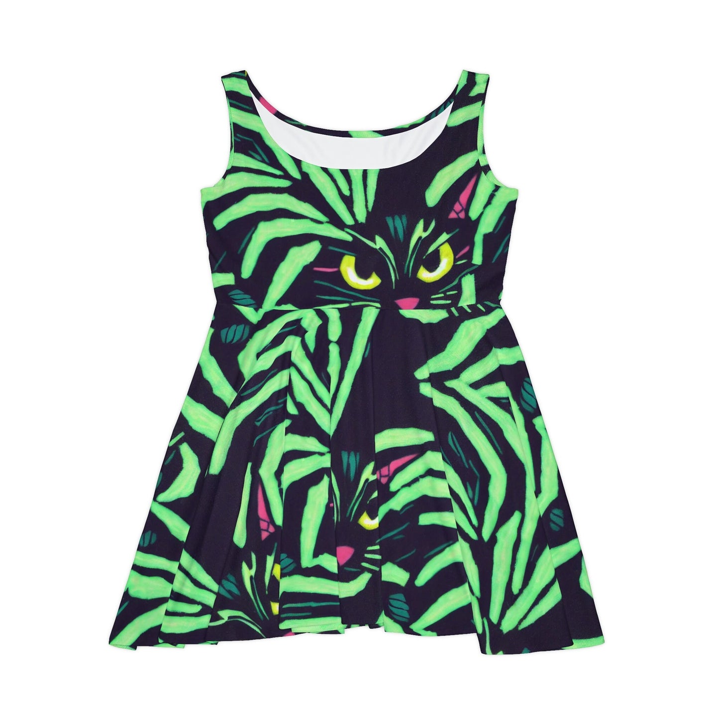 Yellow Eyed Cat Skater Dress, Green Pattern Sleeveless Dress, Spooky Cat Skater Dress for Women, Handmade Mini Skater Dress