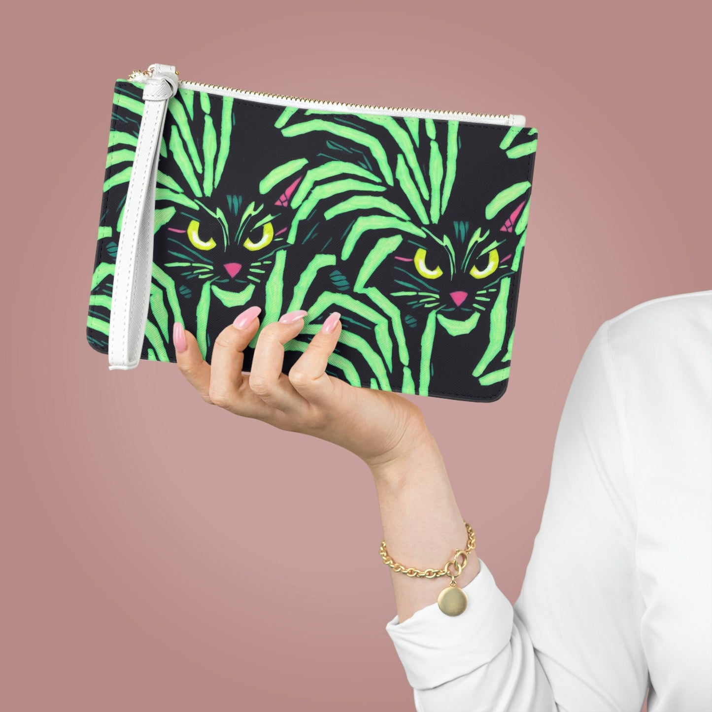 Yellow Eyed Cat Purse, Spooky Cats Clutch Bag, Green Pattern Halloween Bag, Vegan Leather Bridal Clutch, Small Zipper Clutch