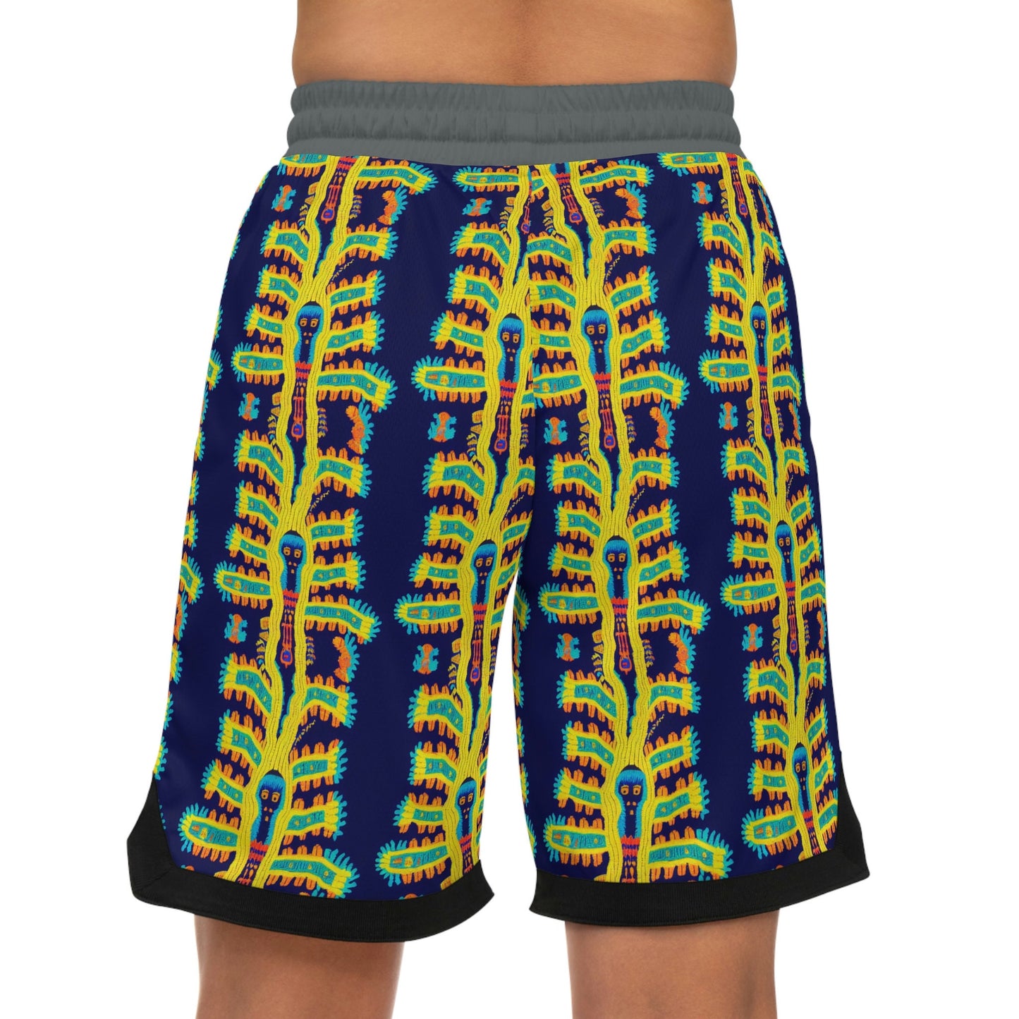 Cryptid Native Huichol Style Basketball Shorts, High Waisted Shorts, Streetwear Graphic Shorts, Polyester Athletic Shorts