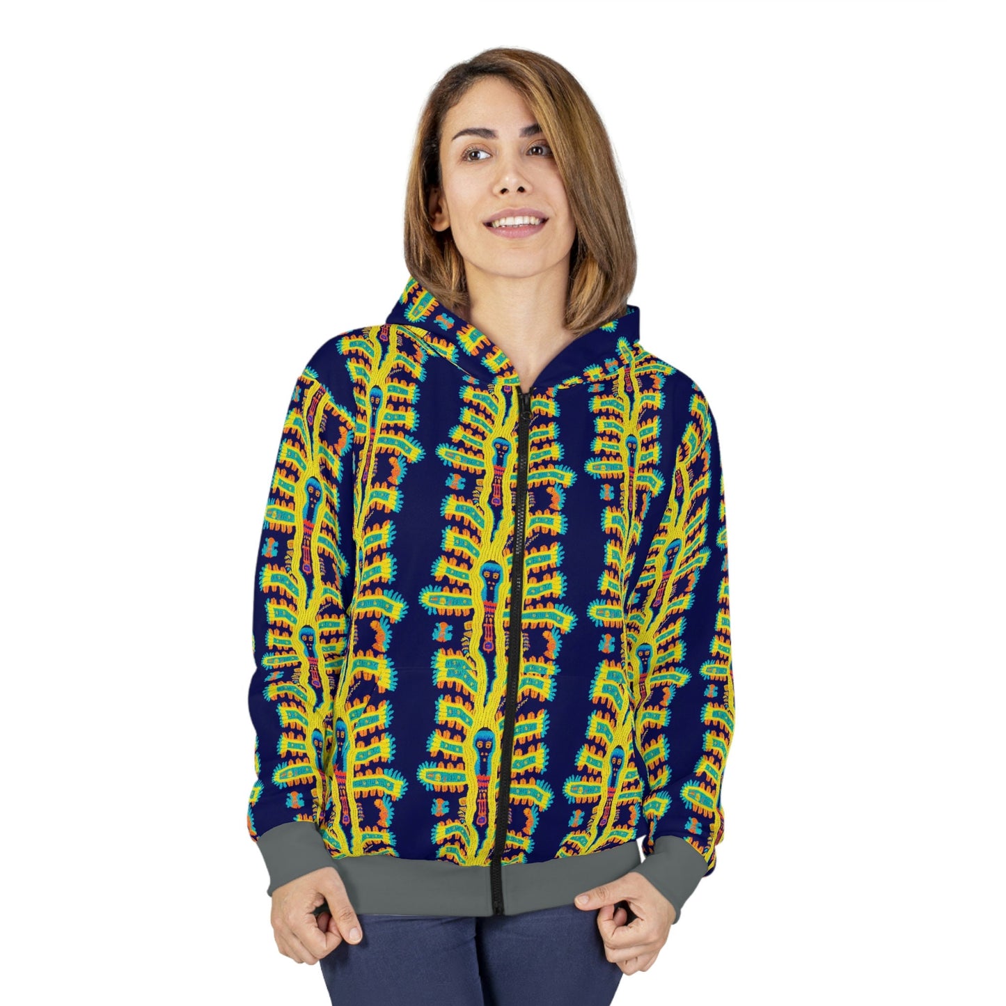 Yellow and Blue Zip Up Hoodie, Cryptid Native Huichol Unisex Hoodie, Colorful Aesthetic Graphic Hoodie, Winter Clothing