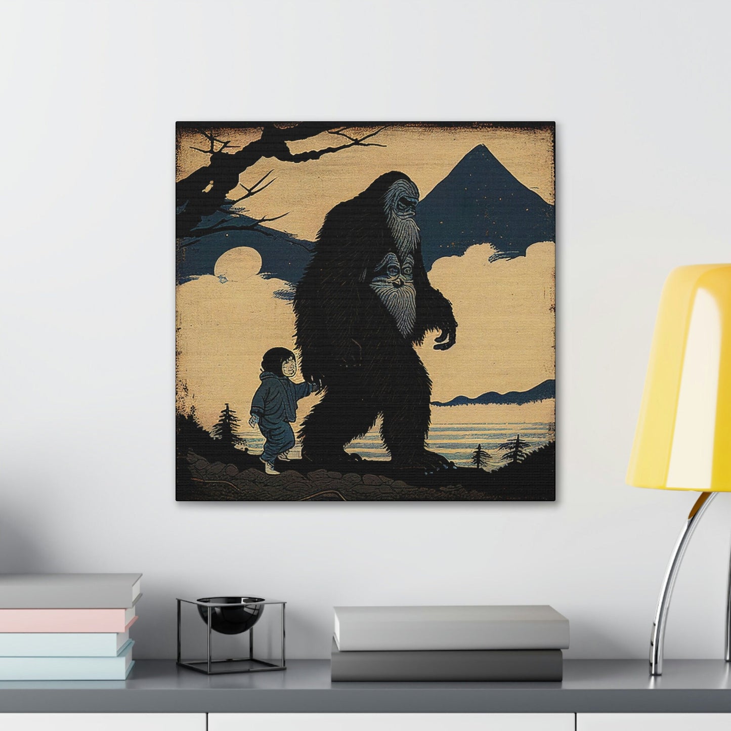 Sasquatch with Human Child Canvas Print, Bigfoot Sasquatch Canvas Wall Art, Wildlife Wall Decoration, Painting on Canvas