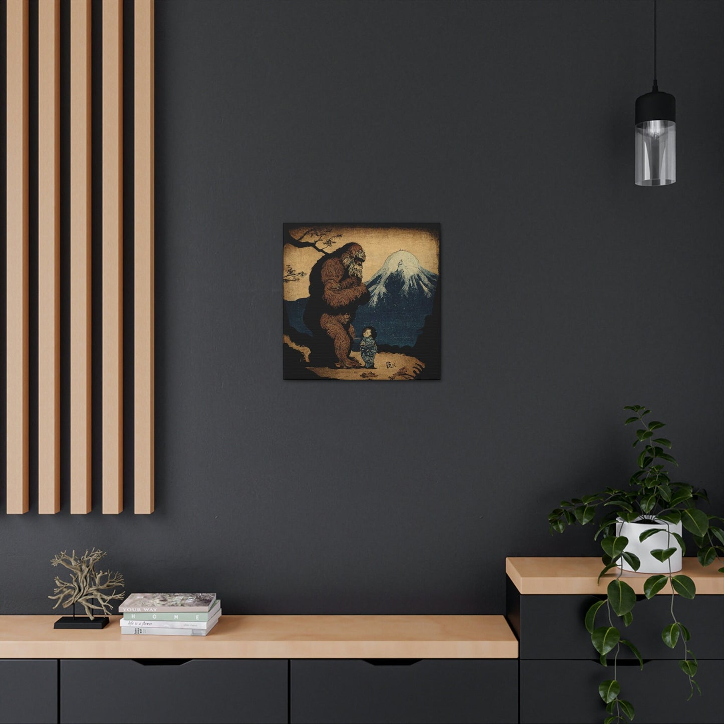 Sasquatch Meeting Child Canvas Art Print, Animal Art Print, Sasquatch Bigfoot Decal, Retro Wall Art, Inspirational Art