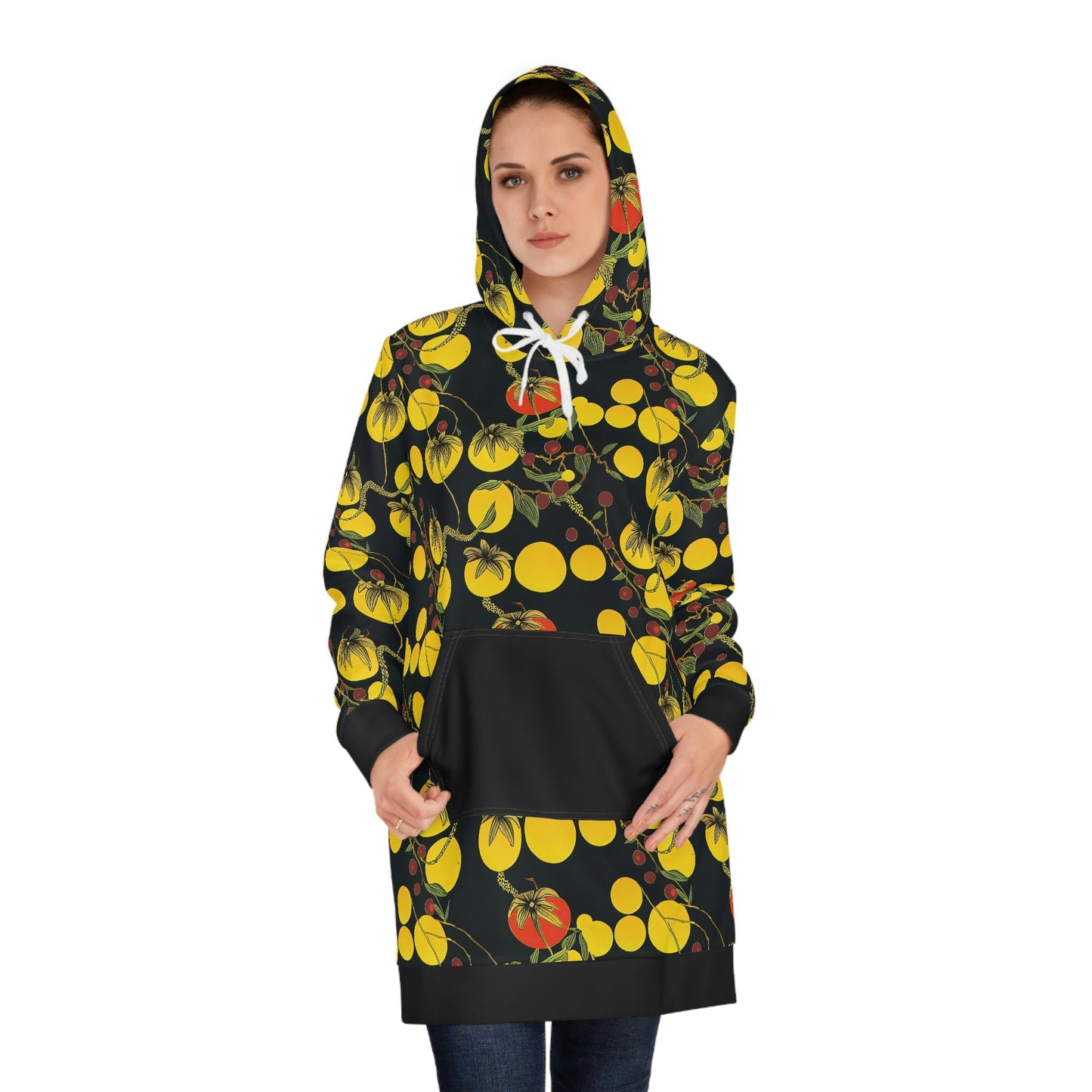 Yellow Tomato Botanical Hoodie Dress, Streetwear Women Hoodie Dress, Plus Size Hoodie With Pocket, Dress For Women