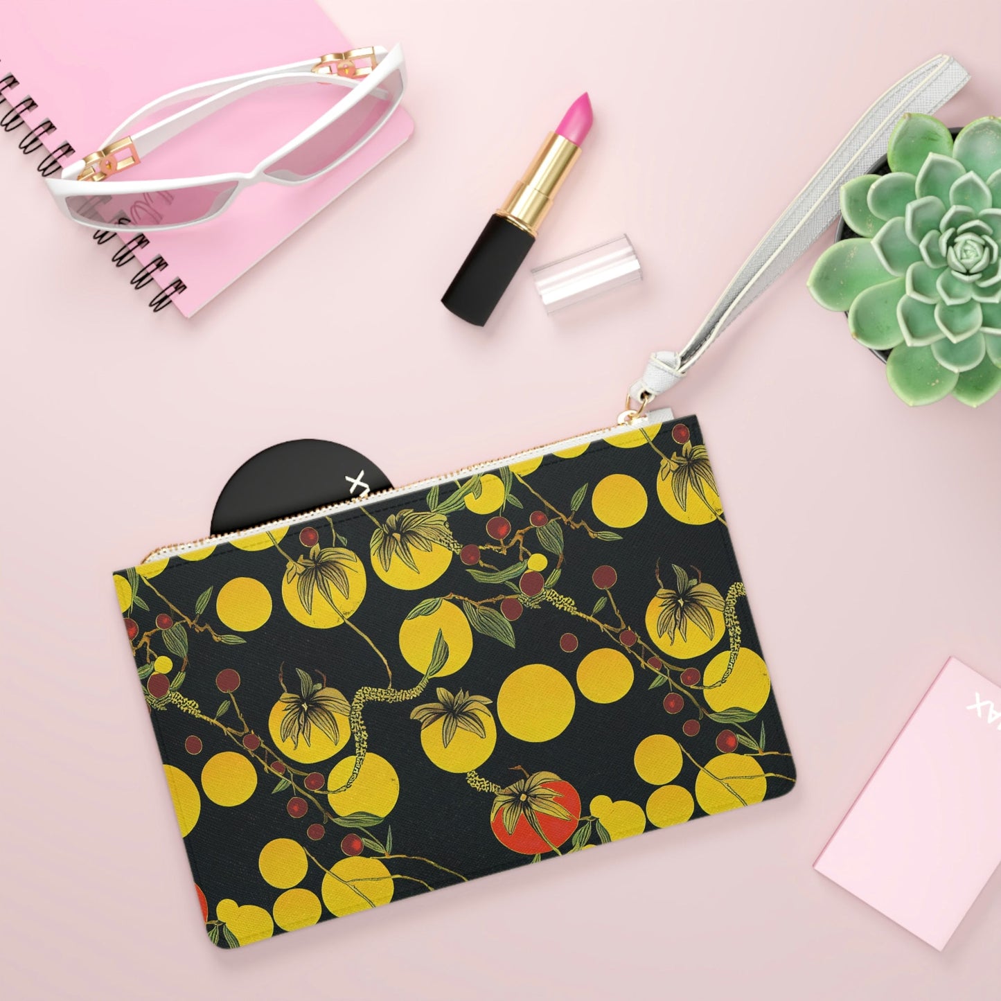 Yellow Clutch Bag, Tomato Vegan Leather Clutch Bag, Floral Clutch Zipper Bag, Small Bridesmaid Clutch Cosmetic Bag