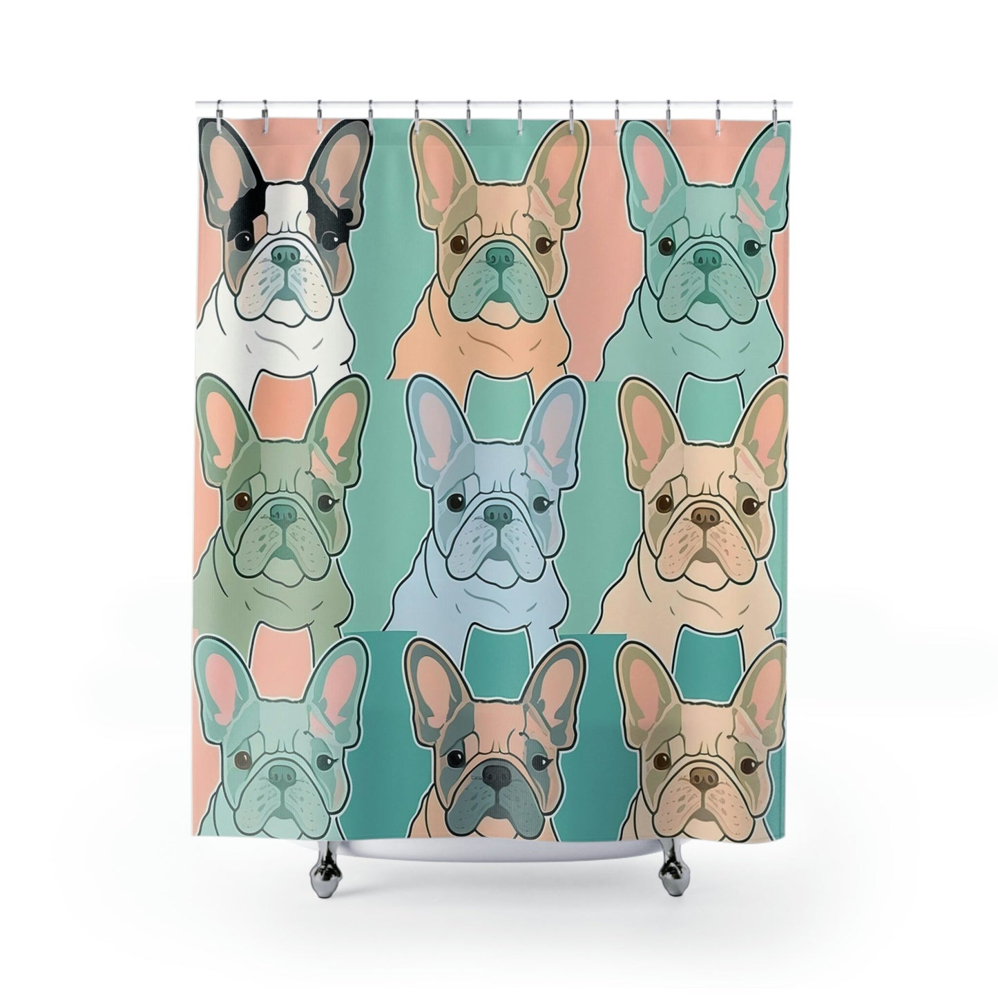 French Bulldog Bathtub Curtain, Dog Pattern Shower Curtain, Frenchie Design Curtain, Pets Pastel Color Curtain, Printed Curtains