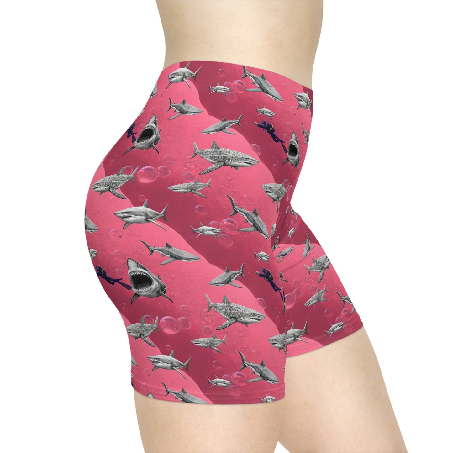 Pink Sea Shark Women Biker Shorts, Scuba Diving Graphic Shorts, Shark Clothing Gym Shorts, Sexy Booty Shorts, Pink Workout Shorts