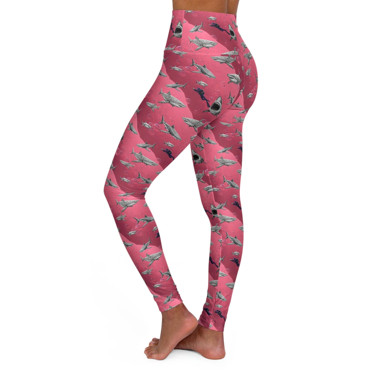 Shark Pink Sea Scuba High Waist Leggings, Printed Swim Leggings, Yoga Leggings, Fitness Leggings, Gym Leggings