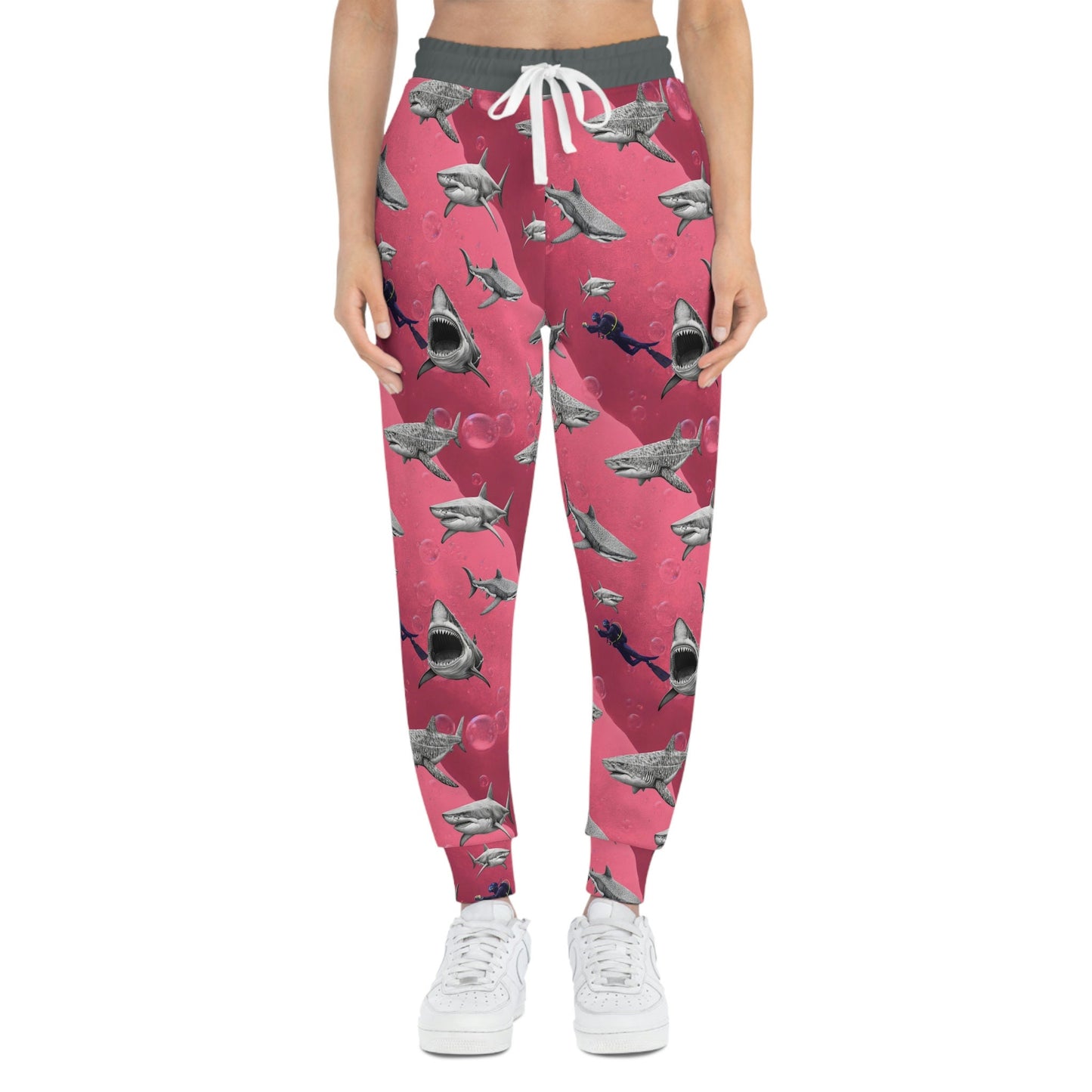 Pink Sea Shark Mens Joggers, Scuba Diving High Waisted Joggers, Pink Mens Yoga Pants, Athletic Clothing Streetwear Pants