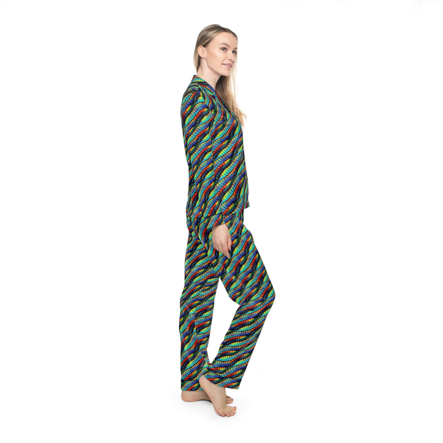 Rainbow Scales Pajama Set Women, Colorful Clothing Satin Pajamas, Comfy Pjs for Women, Cozy Pajamas, Polyester Pajamas