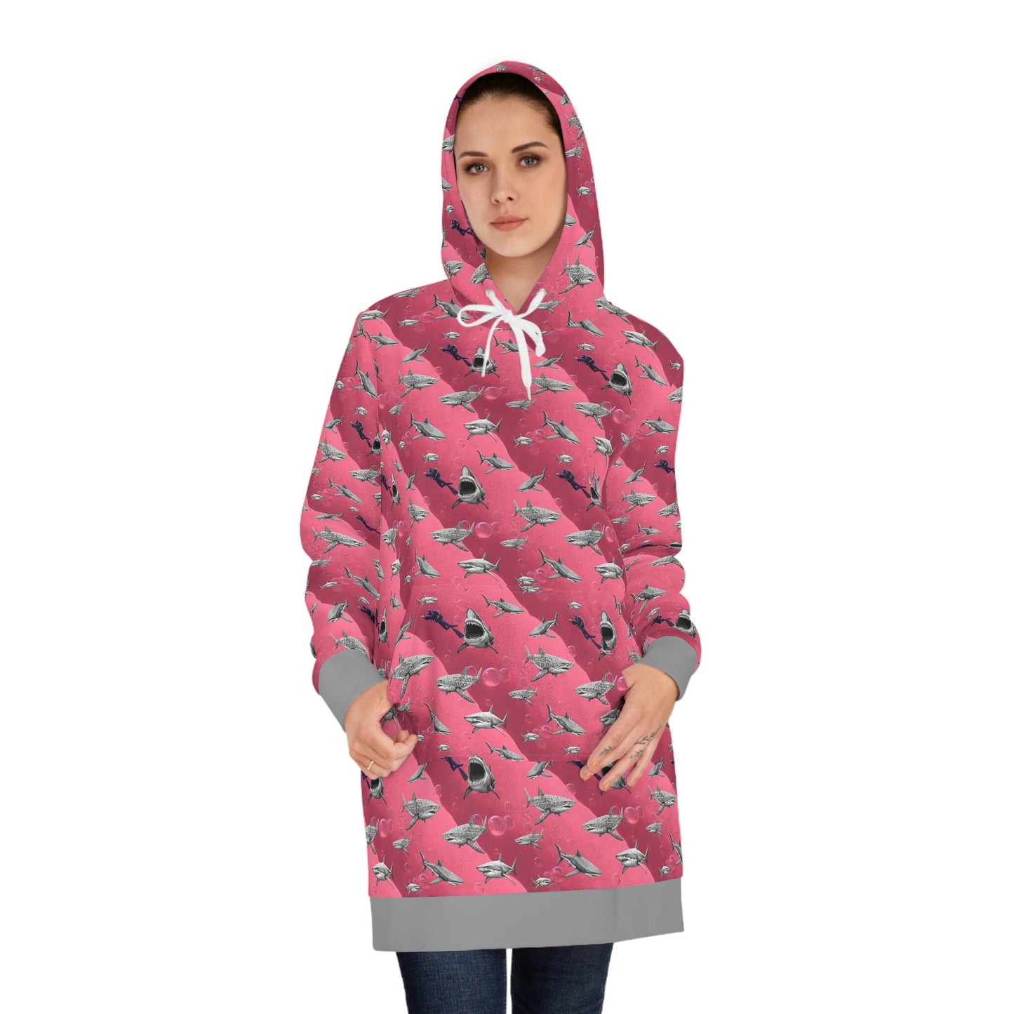 Shark Pink Hoodie Dress, Sea Scuba Women Hoodie Dress, Aesthetic Hoodie With Pocket, Sea Life Hoodie Winter Clothing