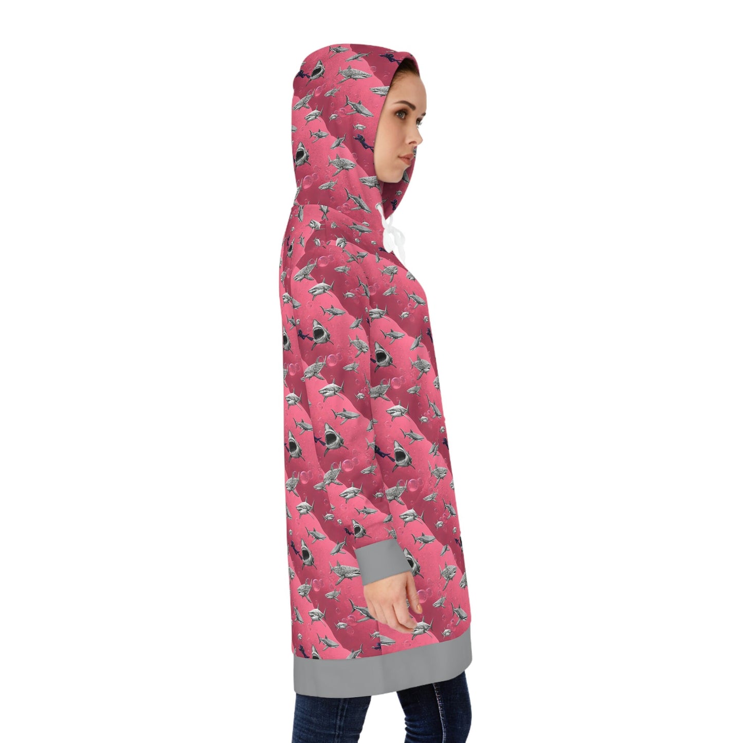 Shark Pink Hoodie Dress, Sea Scuba Women Hoodie Dress, Aesthetic Hoodie With Pocket, Sea Life Hoodie Winter Clothing
