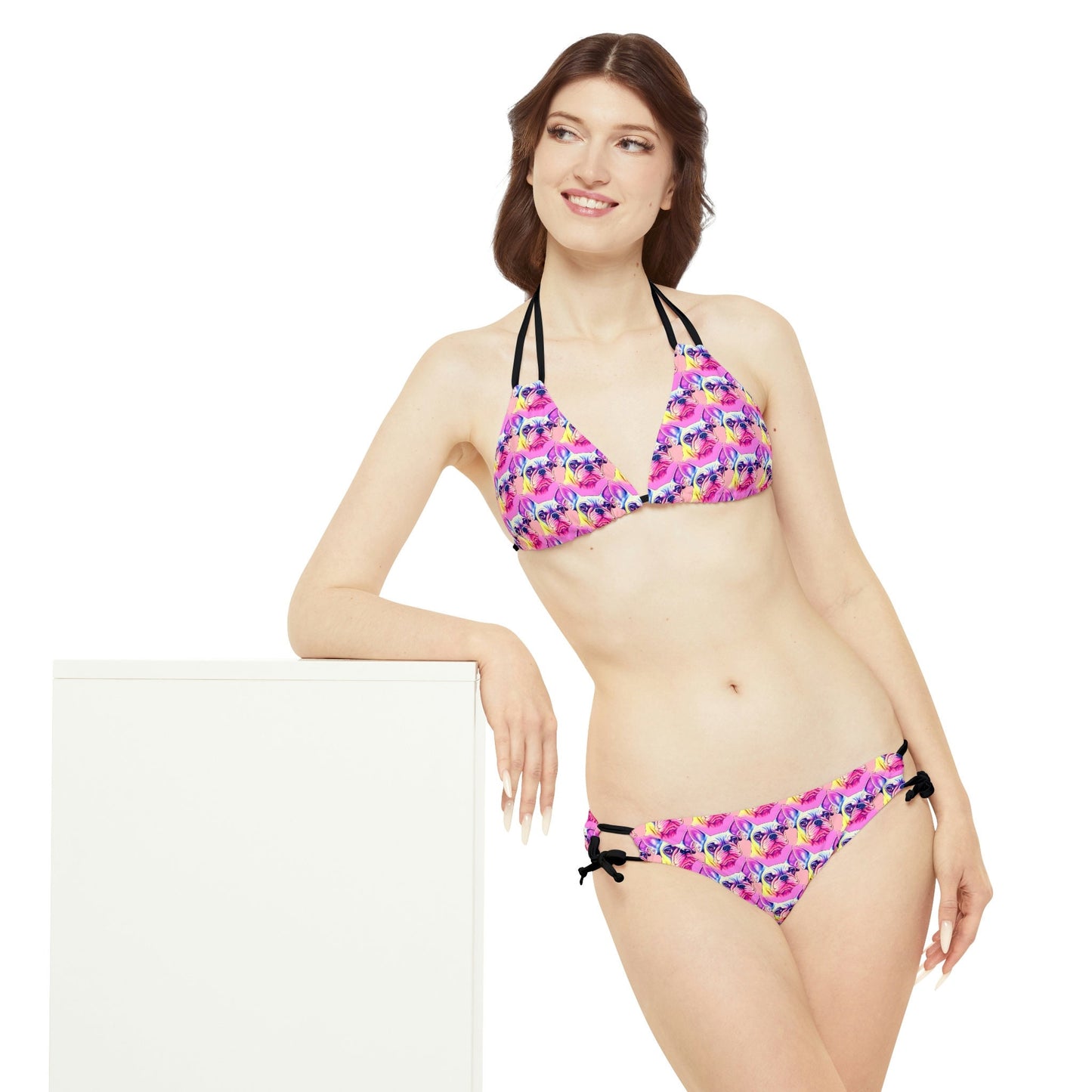 Dog Print Triangle Bikini Set, French Bulldog Strappy Bikini Set, Girls String Bikini, Animal Print Bikini, Summer Clothing