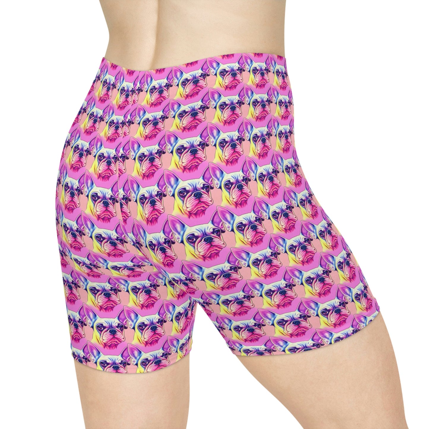 Pink French Bulldog Women Biker Shorts, Frenchie Clothing Workout Shorts, Animal Clothing Gym Shorts, Sexy Booty Shorts