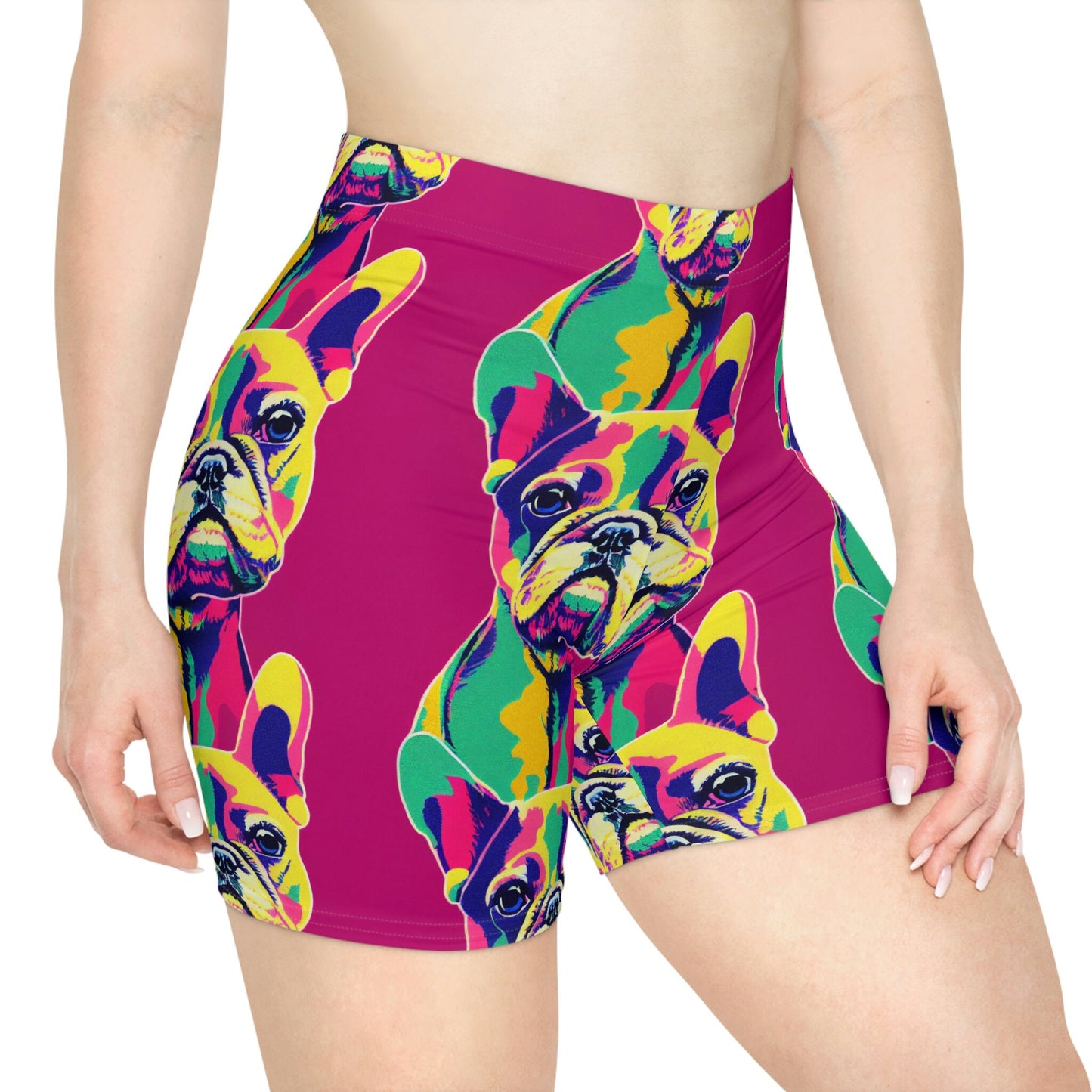 French Bulldog Women Biker Shorts, Frenchie Clothing Workout Shorts, Animal Clothing Gym Shorts, Sexy Booty Shorts, Pink Yoga Shorts