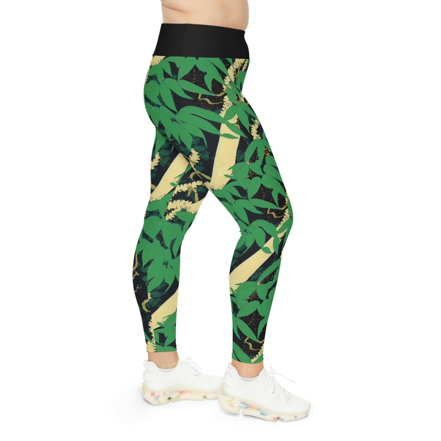 Black Wolf Jungle Plus Size Leggings, High Waist Leggings, Leaf Spandex Leggings, Yoga Leggings, Fitness Leggings