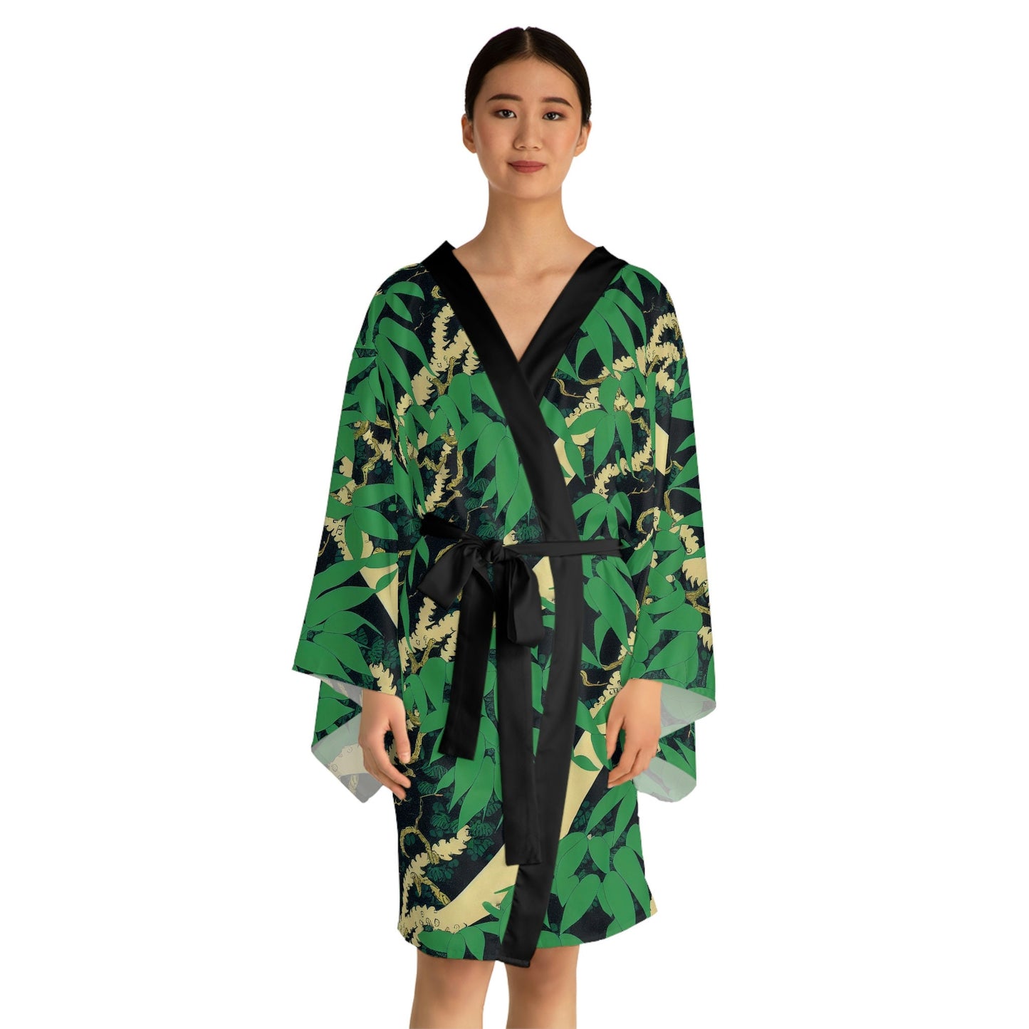 Black Wolf Jungle Long Sleeve Kimono Robe, Botanical Clothing Boho Kimono Robe, Japanese Kimono Robe for Women, Traditional Clothing