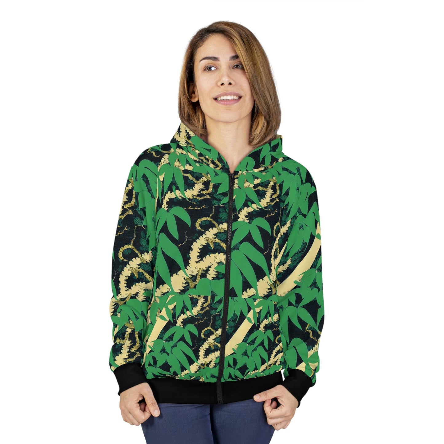 Black Wolf Hoodie, Botanical Zip Up Hoodie, Wolf Print Hoodie With Pocket, Unisex Winter Clothing, Comfy Nature Hoodie