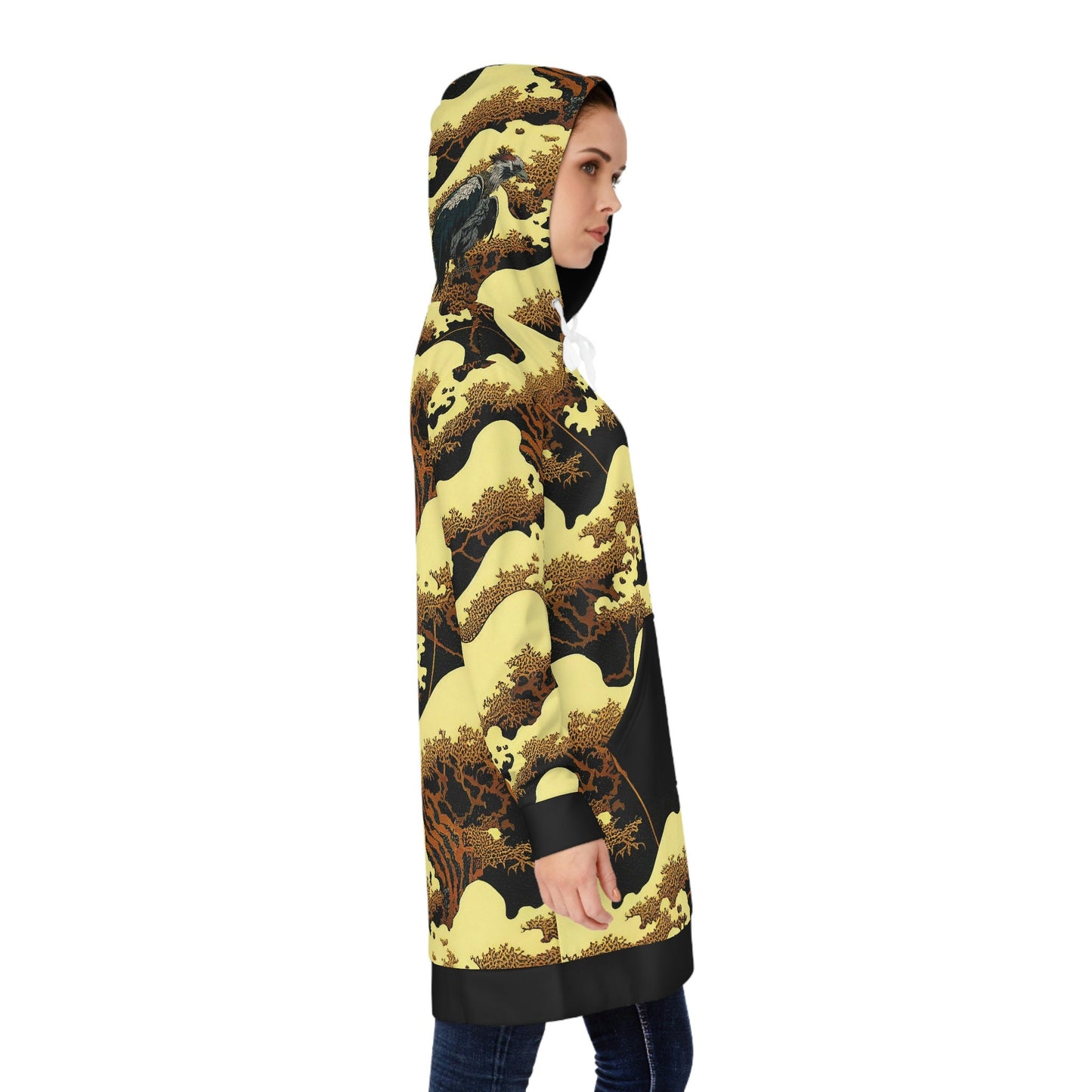 Gold Forest Hoodie Dress, Vulture Print Womens Hoodie Dress, Oversized Tree Hoodie, Plus Size Dress Hoodie With Pocket