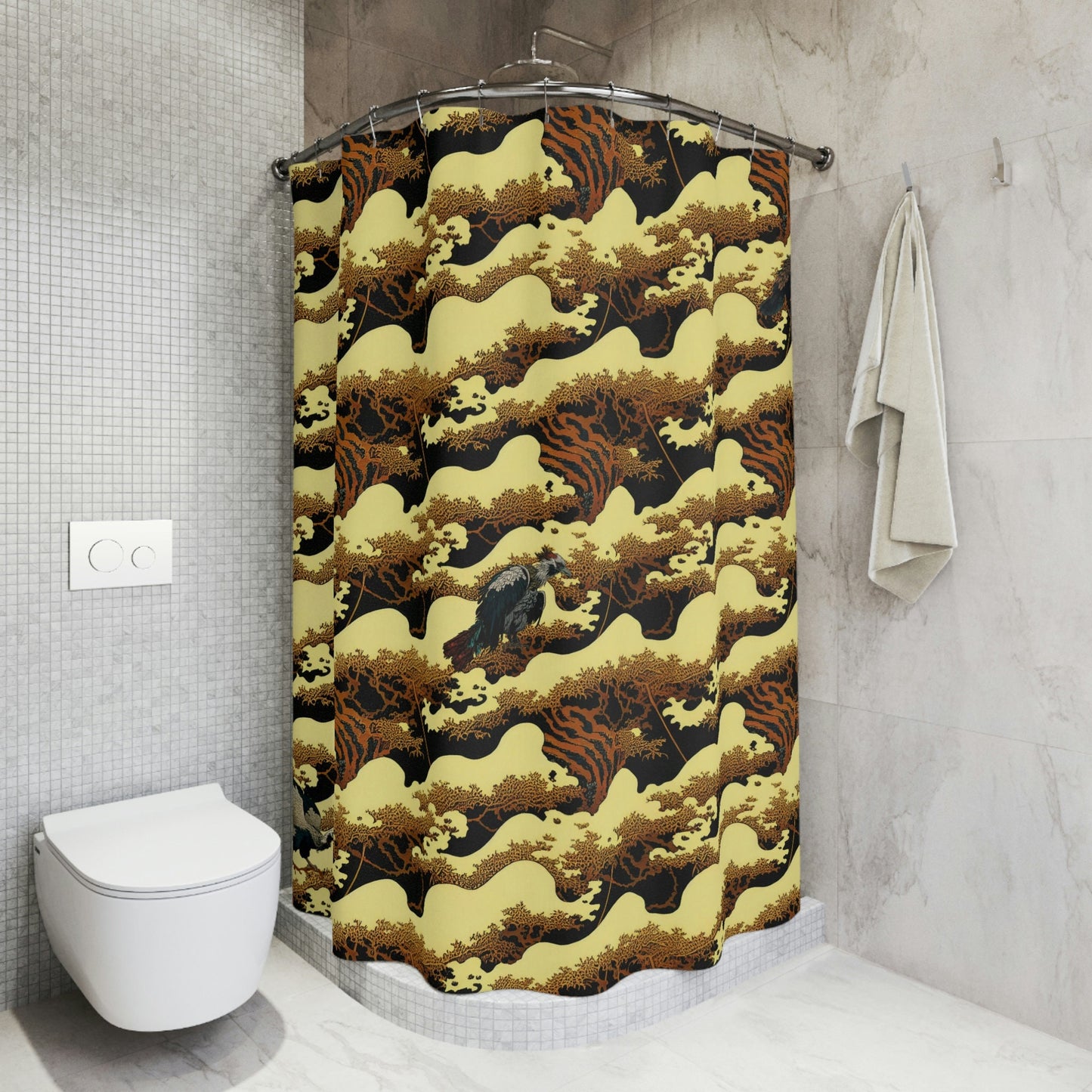 Gold Forest Shower Curtain, Vulture Bathtub Curtain, Polyester Fabric Curtain, Fall Shower Curtain, Forest Printed Curtains