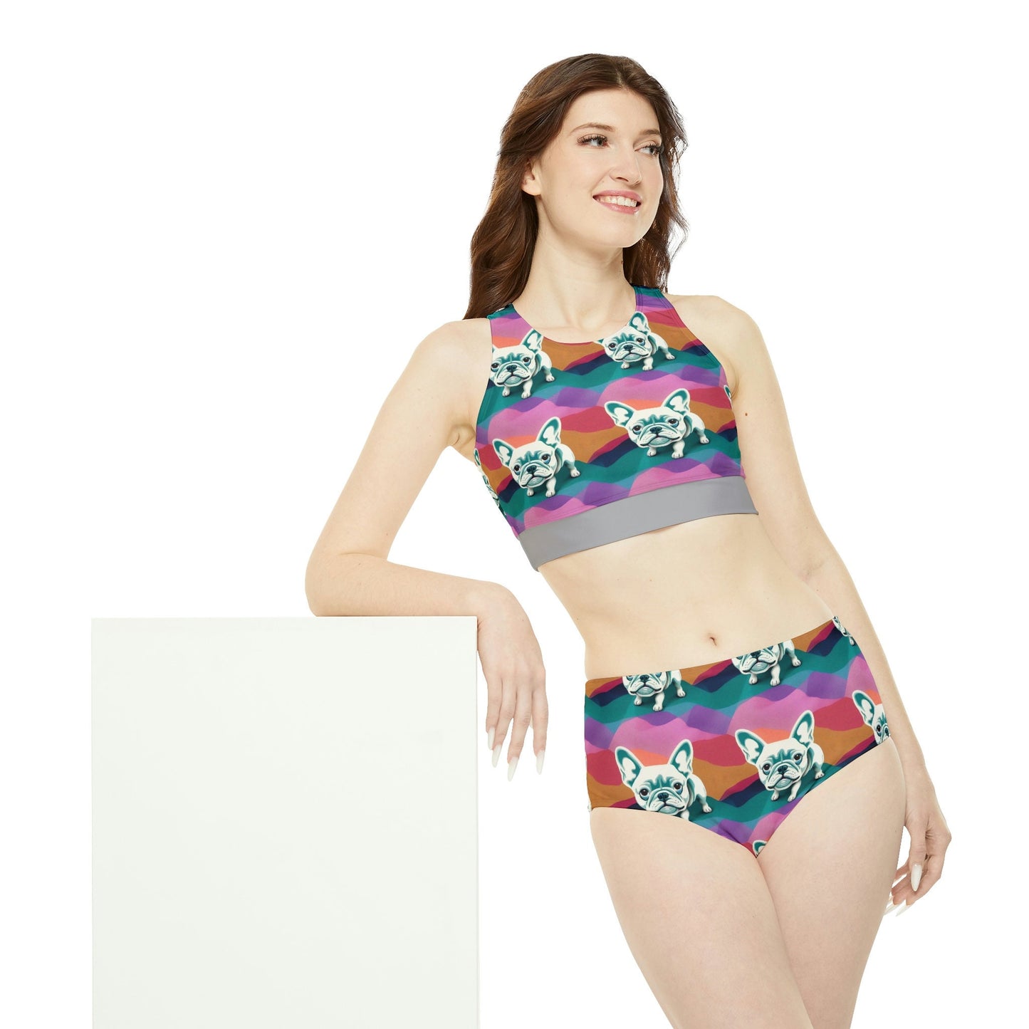 French Bulldog High Waisted Bikini Set, Dog Print Plus Size Sporty Bikini, Two Piece Girls Sexy Bikini Set, Summer Clothing