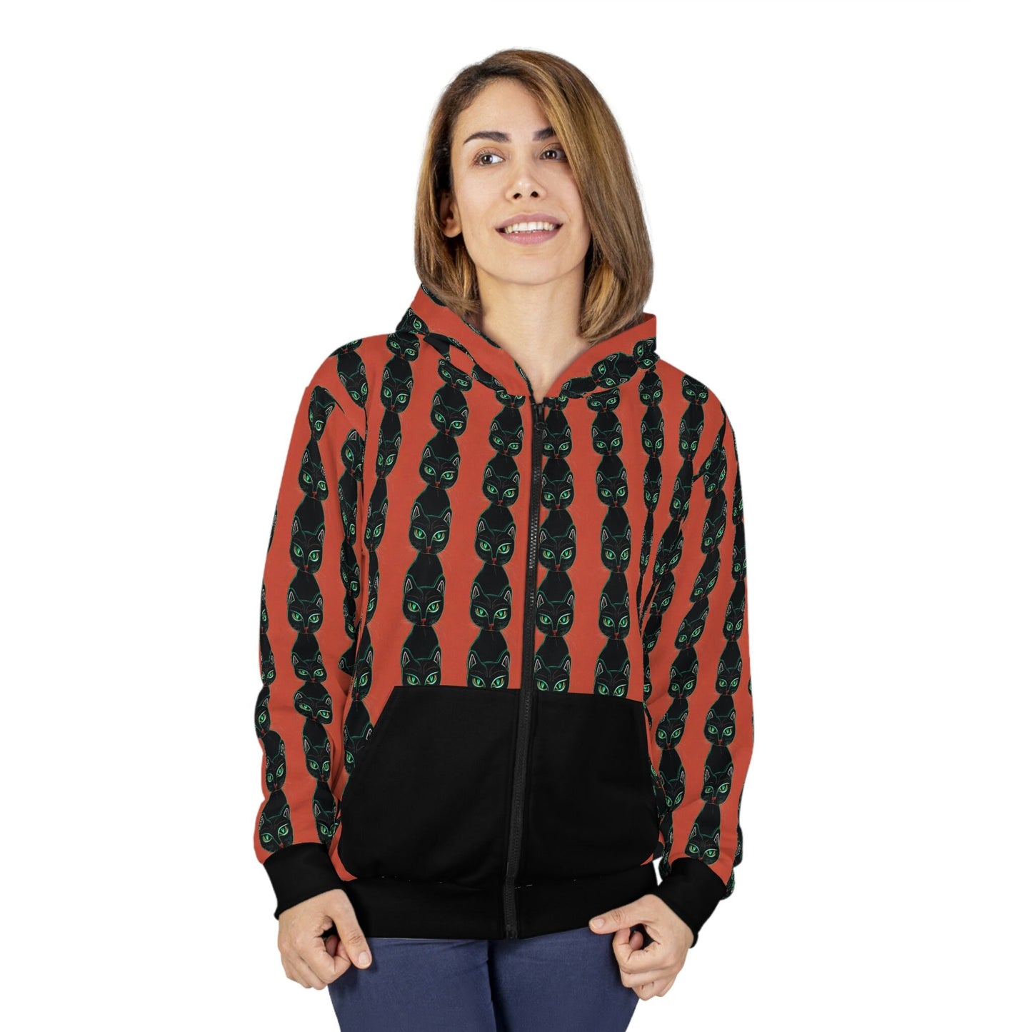 Spooky Cat Hoodie, Green Eyed Cat Zip Up Hoodie, Unisex Animal Hoodie, Comfy Graphic Hoodie, Winter Clothing