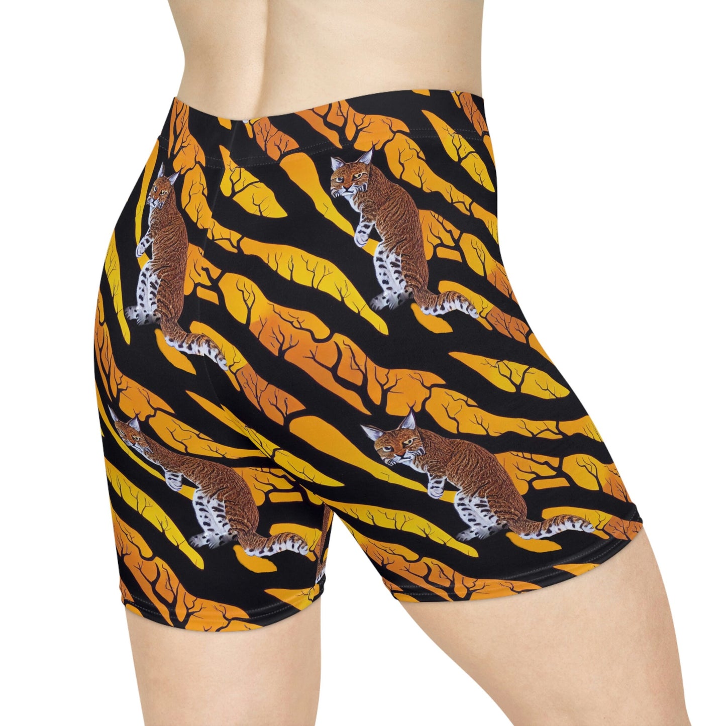 Bobcat in Spooky Forest Women Biker Shorts, Animal Clothing Graphic Shorts, Nature Clothing Gym Shorts, Sexy Booty Shorts
