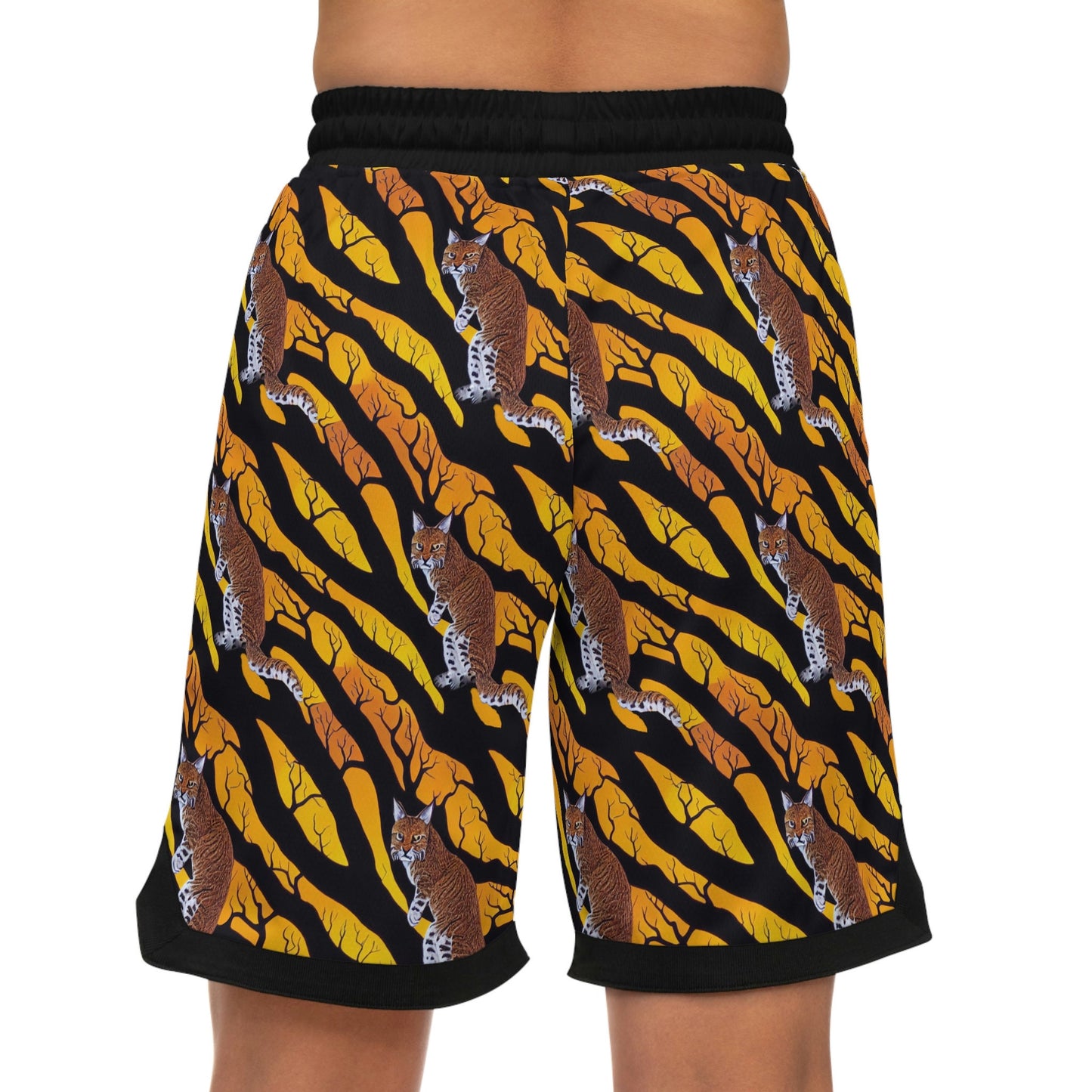 Bobcat in Spooky Forest Basketball Shorts, Bobcat Clothes High Waisted Shorts, Animal Clothing Graphic Shorts, Sport Shorts