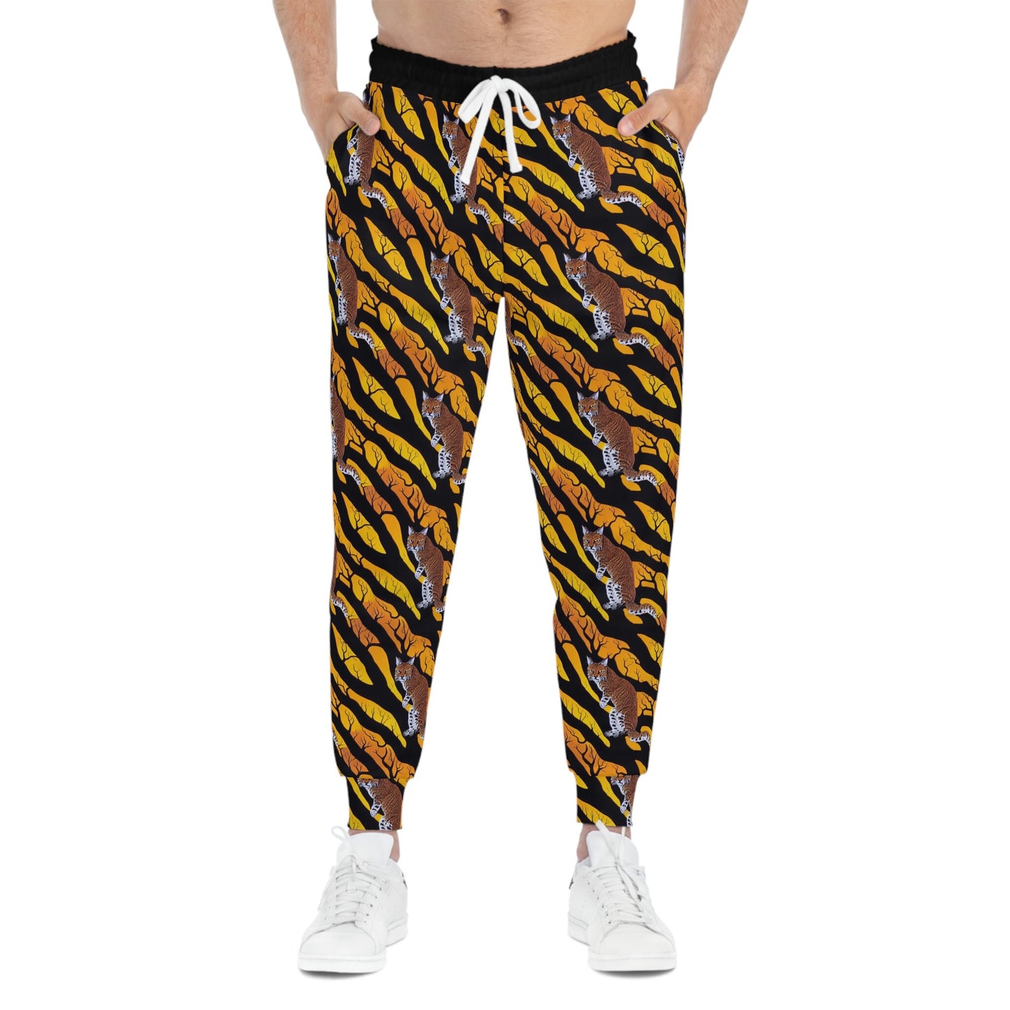 Bobcat in Spooky Forest Mens Joggers, Athletic Clothing High Waisted Joggers, Animal Clothing Mens Yoga Pants, Streetwear Pants