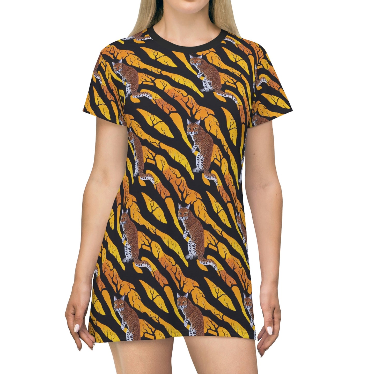 Bob Cat Tshirt Dress, Cat in Spooky Forest Women Tshirt Dress, Oversized Yellow Tshirt, Aesthetic Cat Lover Shirt Dress