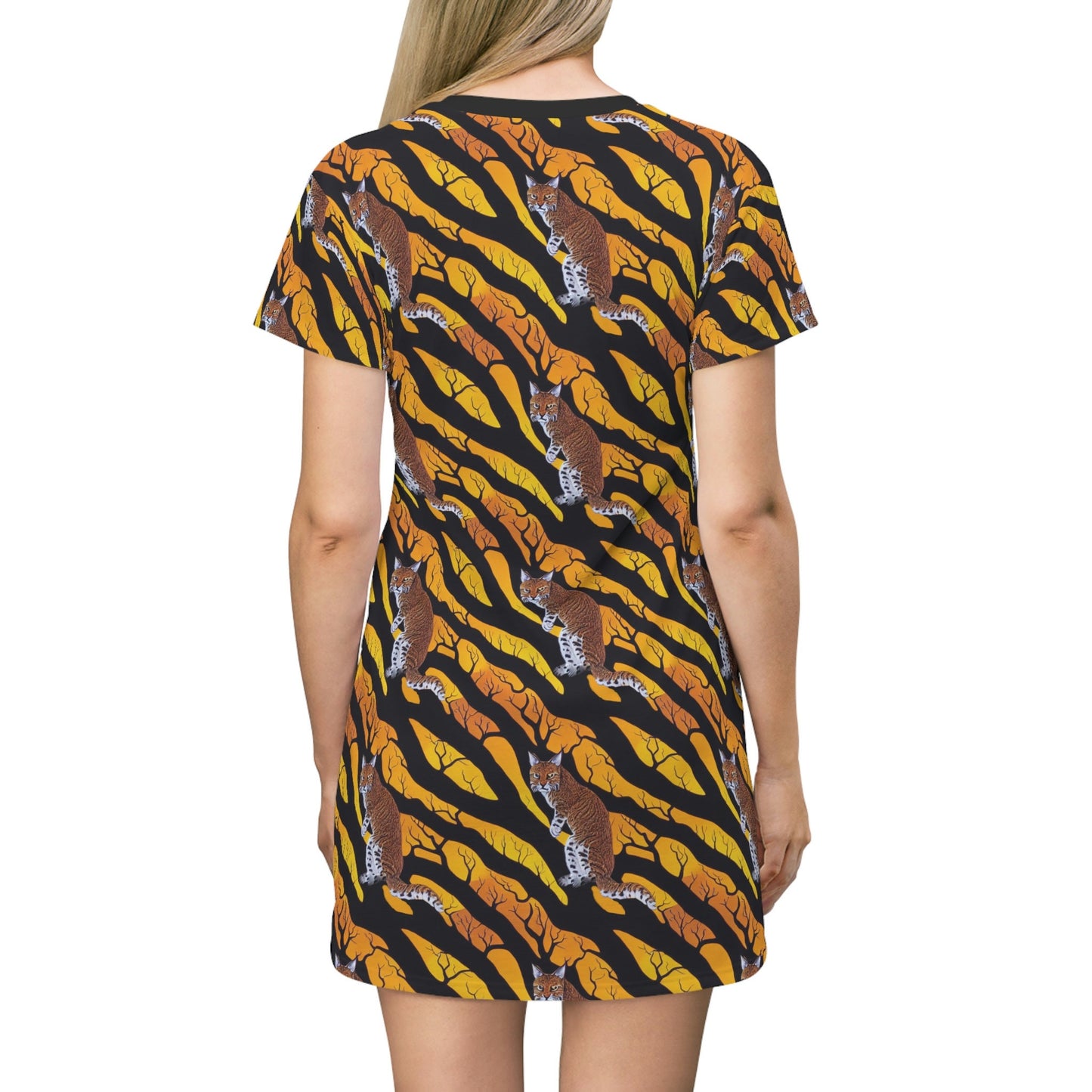 Bob Cat Tshirt Dress, Cat in Spooky Forest Women Tshirt Dress, Oversized Yellow Tshirt, Aesthetic Cat Lover Shirt Dress