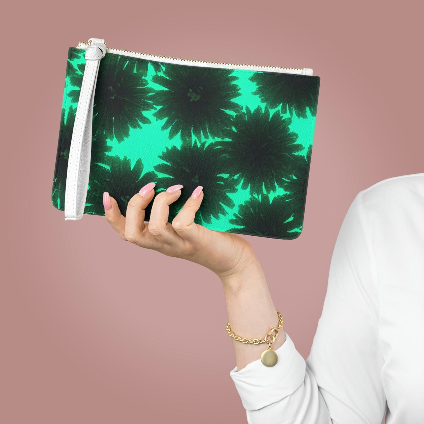 Floral Clutch Bag, Flowers Aqua Green Clutch Bag, Make Up Clutch Bag For Women, Bridal Party Bags, Vegan Leather Bag