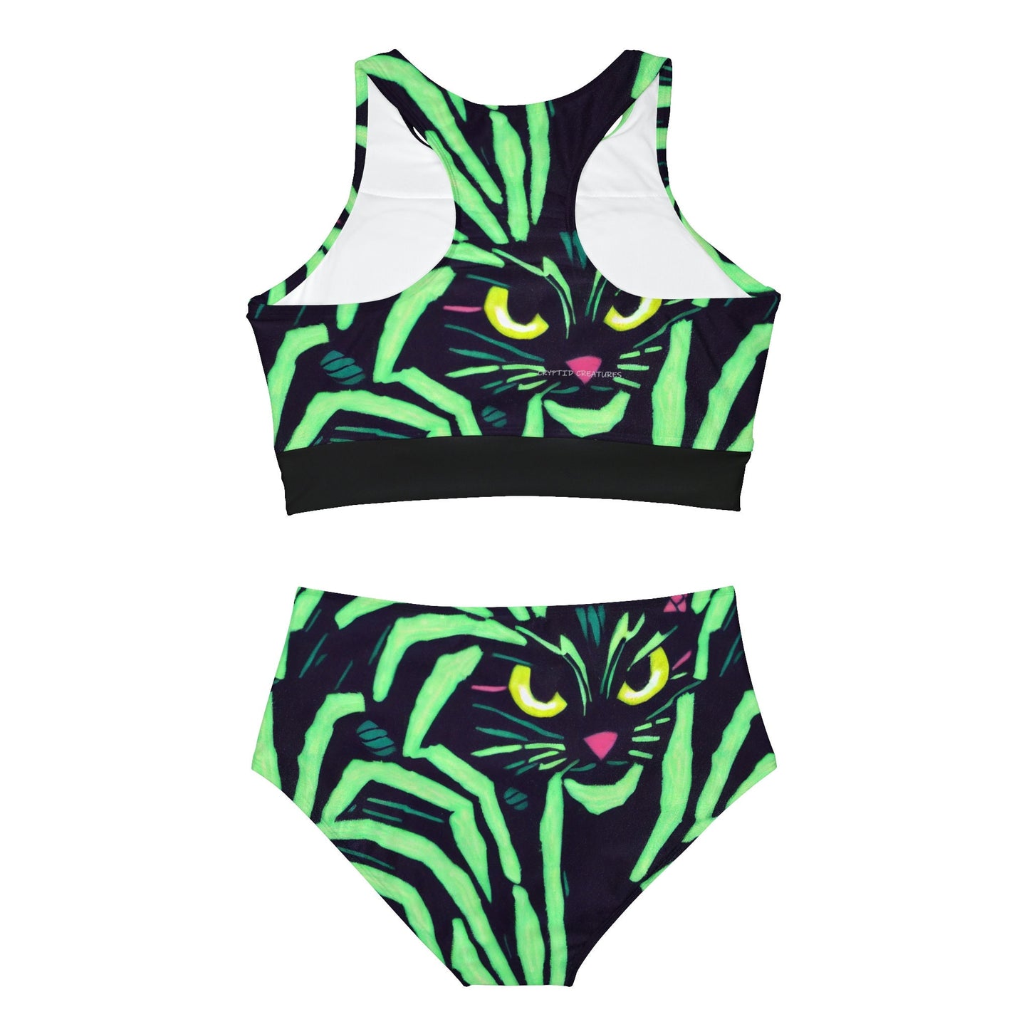Yellow Eyed Cat Print Sporty Bikini Set, High Waisted Sexy Bikini Set, Green Womens Bikini Set, Summer Bikini Gift For Women