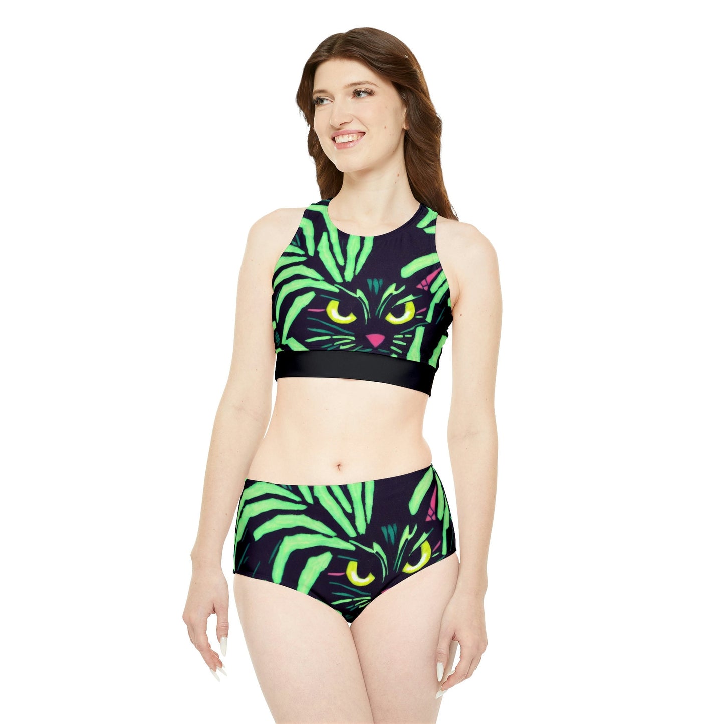 Yellow Eyed Cat Print Sporty Bikini Set, High Waisted Sexy Bikini Set, Green Womens Bikini Set, Summer Bikini Gift For Women
