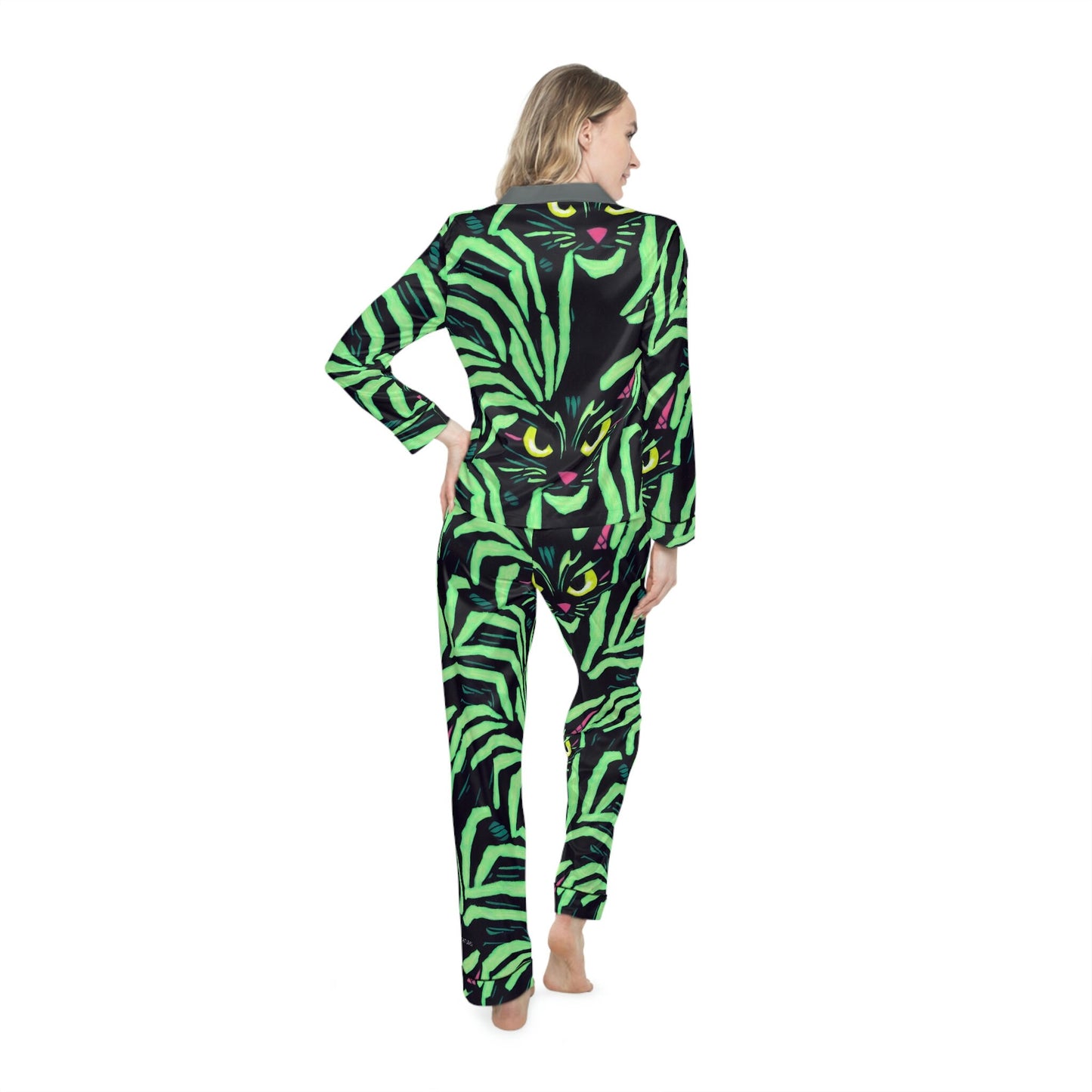 Yellow Eyed Cat Pajamas Set Women, Green Pattern Satin Pajamas, Cat Clothing Animal Pajamas, Pjs for Women Clothing Set, Night Wear
