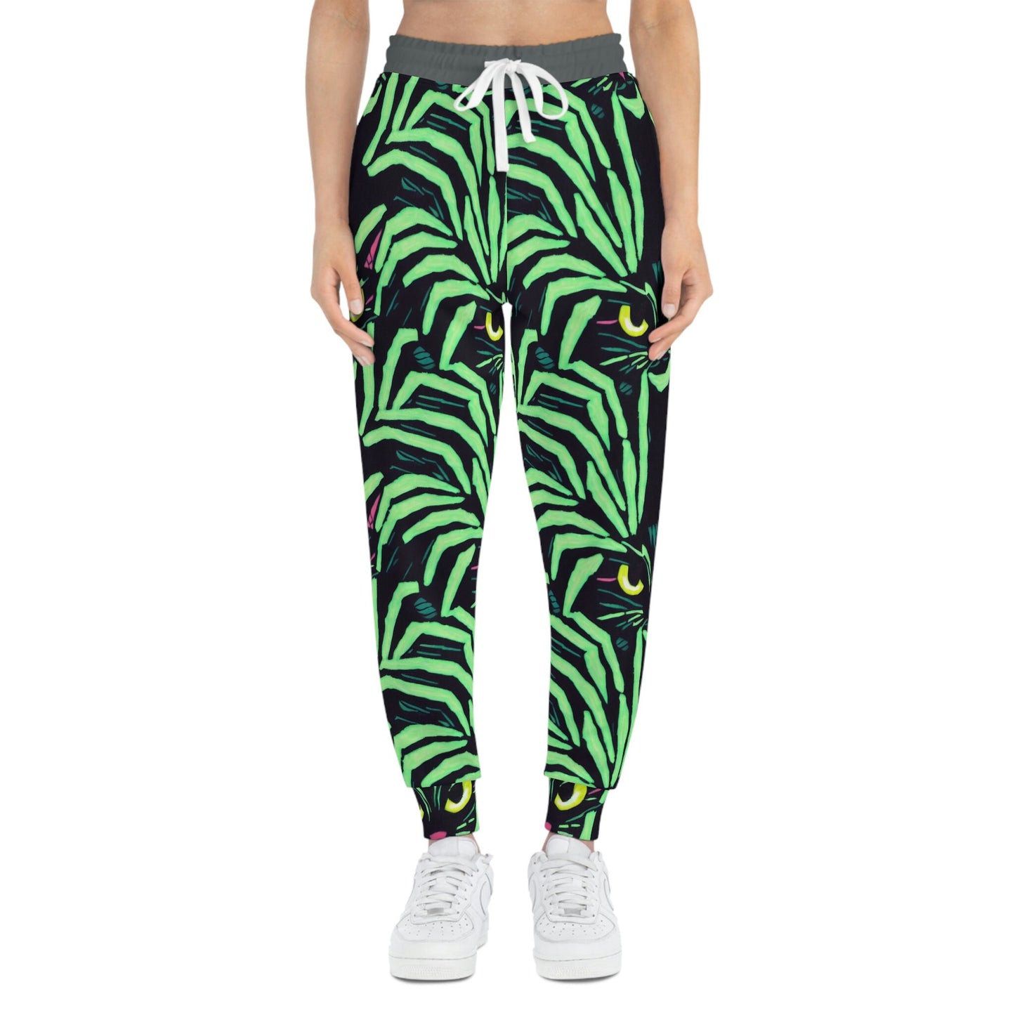 Yellow Eyed Cat Mens Joggers, Spooky Cats Green Pattern High Waisted Joggers, Animal Clothing Mens Yoga Pants, Streetwear Pants