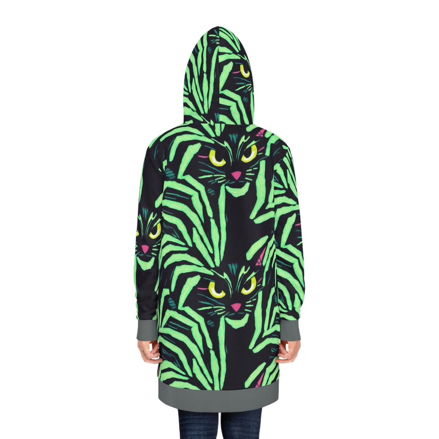 Yellow Eyed Cat Hoodie Dress, Spooky Cat Womens Hoodie Dress, Aesthetic Animal Green Hoodie, Winter Clothing Cat Lover Gift