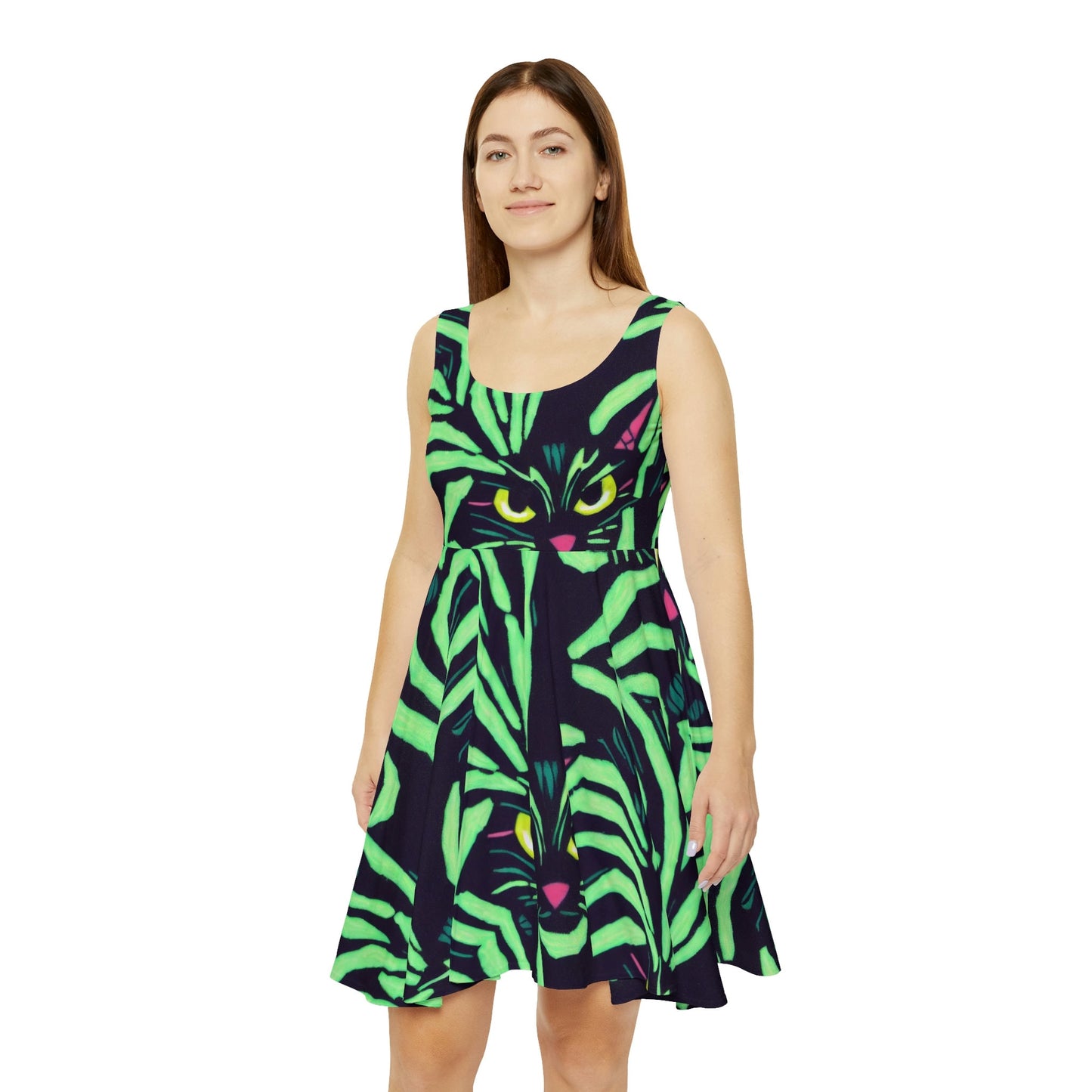 Yellow Eyed Cat Skater Dress, Green Pattern Sleeveless Dress, Spooky Cat Skater Dress for Women, Handmade Mini Skater Dress
