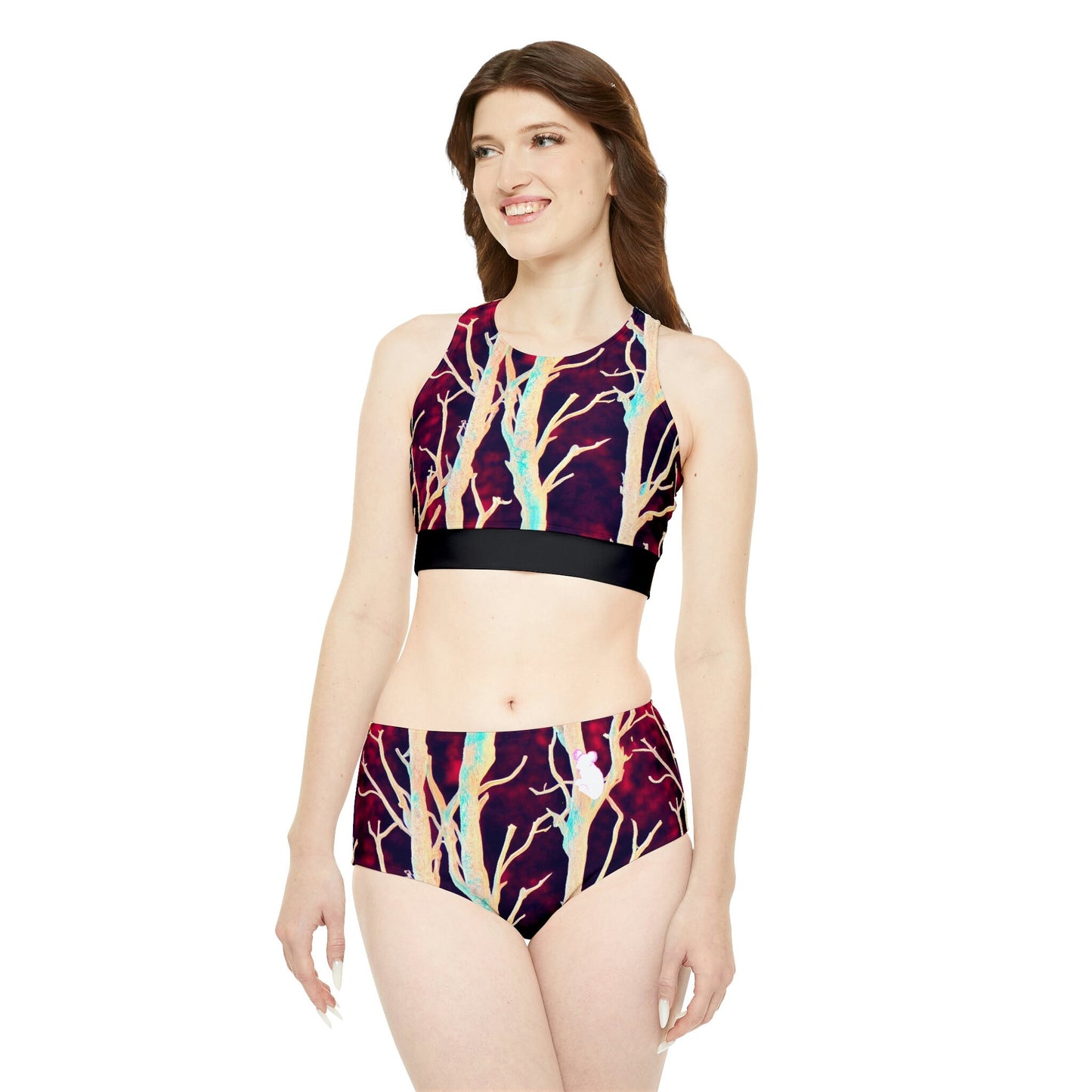 Purple High Waisted Bikini Set, Forest Print Sporty Bikini Set, Girls Sexy Bikini, Two Piece Summer Bikini Set For Women