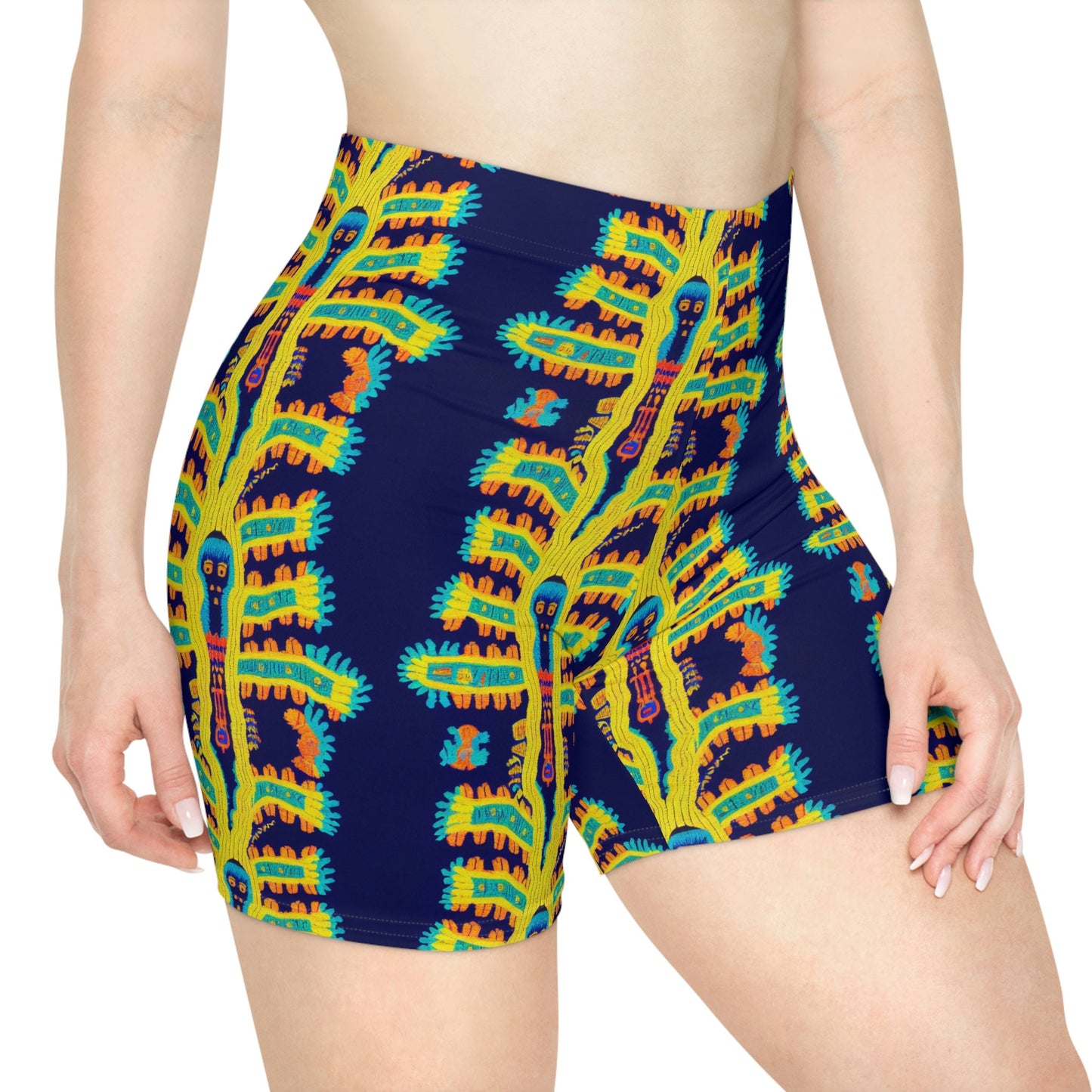 Cryptid Native Huichol Style Women Biker Shorts, Spandex Workout Shorts, Sexy Gym Shorts, Sexy Booty Shorts, Yoga Shorts