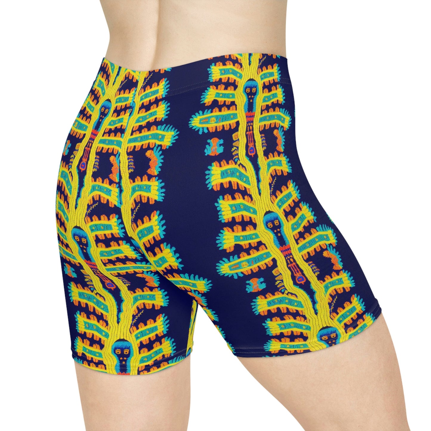 Cryptid Native Huichol Style Women Biker Shorts, Spandex Workout Shorts, Sexy Gym Shorts, Sexy Booty Shorts, Yoga Shorts