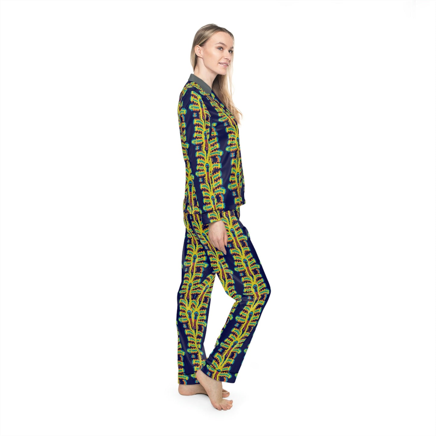 Cryptid Native Huichol Style Pajamas Set Women, Soft Satin Pajamas, Pjs for Women Clothing Set, Comfy Pajamas Night Wear