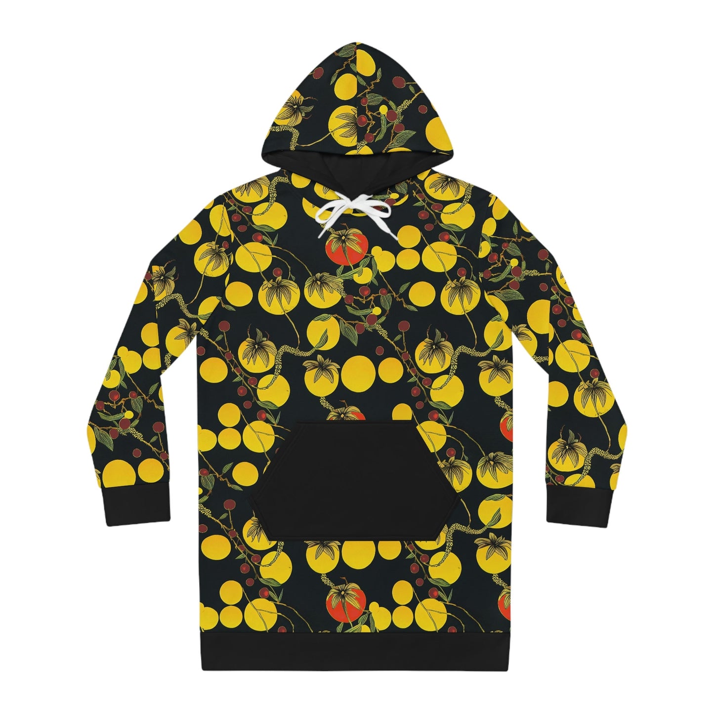 Yellow Tomato Botanical Hoodie Dress, Streetwear Women Hoodie Dress, Plus Size Hoodie With Pocket, Dress For Women