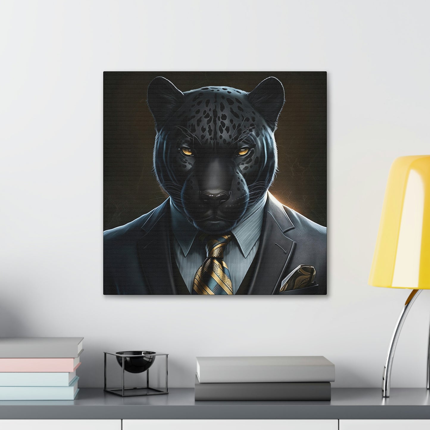 Black Panther in Boss Suit Canvas Portrait, Living Room Animal Portrait Wall Art, Black Panther Animal Painting, Panther Lover gift